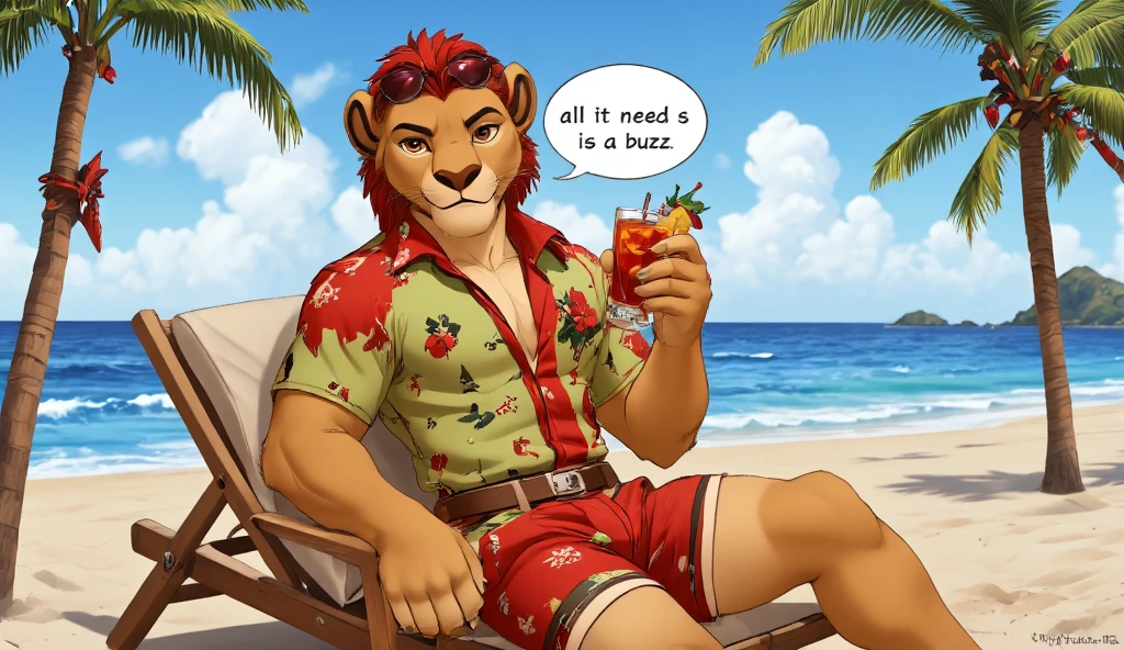 Anime picture of handsome barefoot antropomorphic lion boy Kion dressed in a Christmas-decorated Hawaiian shirt and shorts, with sunglasses on his head. Kion is lying on a sun lounger on a sunny beach, sunbathing, and holding a Christmas cocktail in one hand. A text bubble that reads "All it needs is a buzz." There are palm trees nearby, decorated for Christmas.
aidmatextimprover