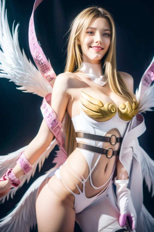 angewomon, ((blonde hair)), long hair, angel wings,blue eyes, (big boob), ((large breasts)), bare shoulders, elbow gloves, feathered wings, gloves, navel, pink ribbon, ribbon, single elbow glove, single glove, thigh strap, wings, sexy, sexy body, laugh,masterpiece, best quality, in detail,cute, (split), whole body, Best image quality、masterpiece、8k、Anime Face、A kind smile、 beautiful body 、Cowboy Shot,sexy、Very detailed、highest quality