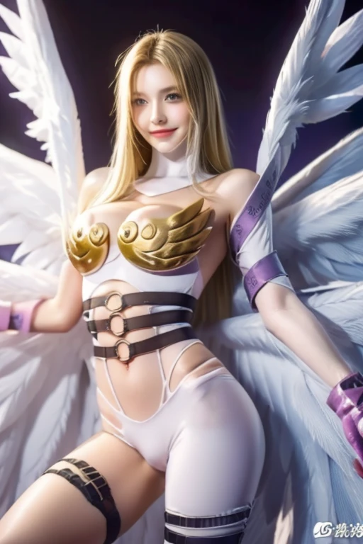 angewomon, ((blonde hair)), long hair, angel wings,blue eyes, (big boob), ((large breasts)), bare shoulders, elbow gloves, feathered wings, gloves, navel, pink ribbon, ribbon, single elbow glove, single glove, thigh strap, wings, sexy, sexy body, laugh,masterpiece, best quality, in detail,cute, (split), whole body, Best image quality、masterpiece、8k、Anime Face、A kind smile、 beautiful body 、Cowboy Shot,sexy、Very detailed、highest quality