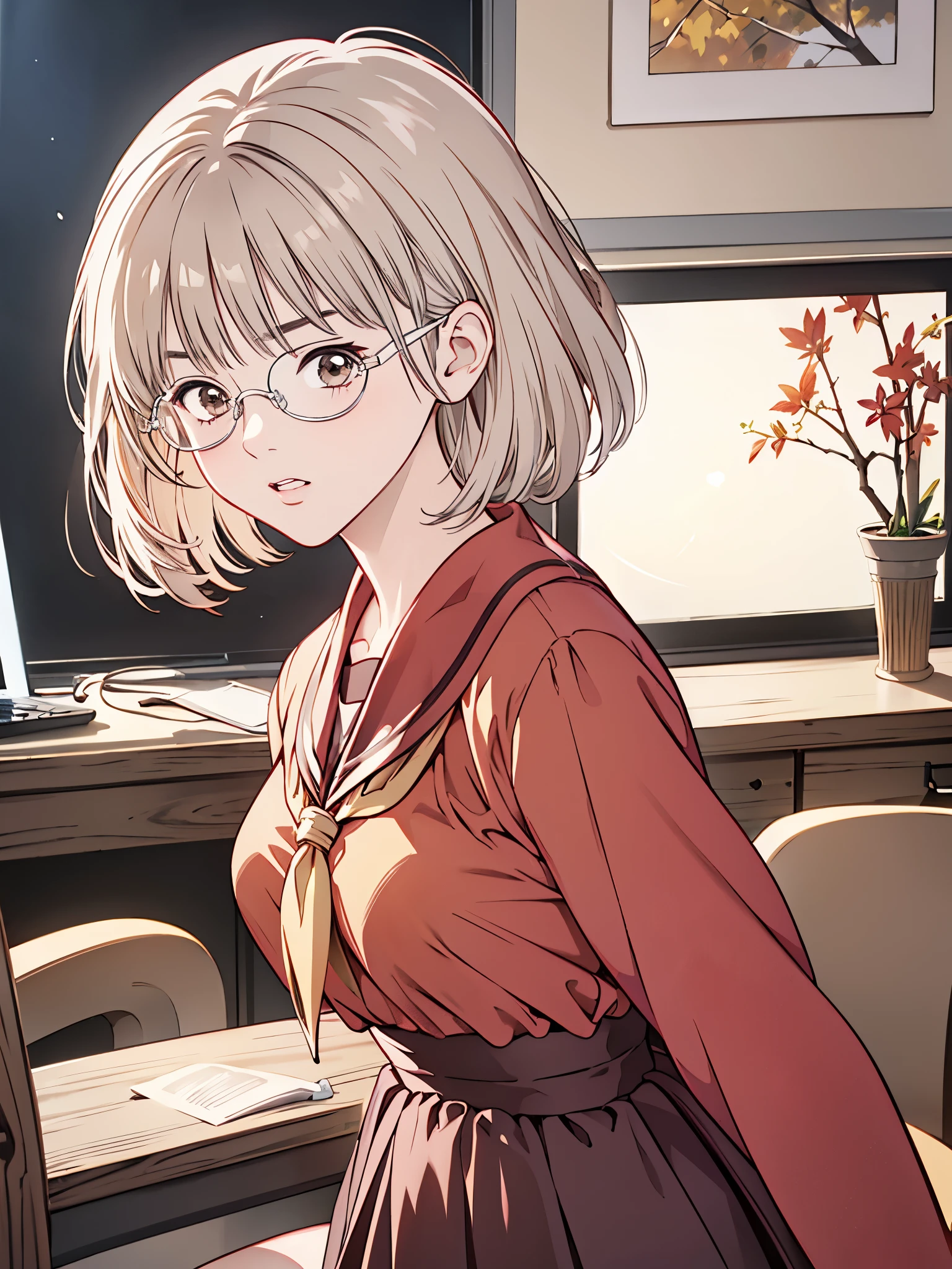 1girl, european girl, 1, long light-brown hair, ponytail curvy hair, cute face, average breast, A girl, Wearing round tinted glasses，Background is a bookstore, source_realictic, deatiling painting, brown eyes, detailing body, detailing face, view from above glasses, in full growth, shy