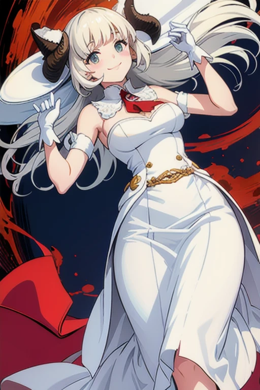 A mature and youthful anime woman, seductive and elegant personality, in a long red and white classy gown, with long sleeve and a really long train attached to her dress, and she is also wearing a hat, pose with a portrait like image, her shoulders up, one hand holding a rose, the other hand stroking her chin gently, and facing towards her from the her back view