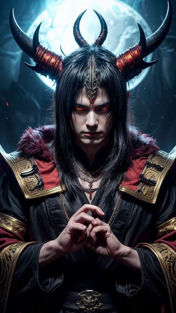 Create a highly detailed and realistic depiction of a powerful and menacing demon lord inspired by Zoma from Dragon Quest. The character has a striking blue face with an evil grin, sharp fangs, and a terrifying gaze. He wears an elaborate black and red headdress adorned with large golden horns and a red gem centered on his forehead. His attire is a majestic and flowing robe, predominantly orange and gold, with purple and red accents, exuding a sense of dark royalty. A large, ornate necklace featuring a golden skull pendant hangs around his neck. His long, clawed hands are reaching forward as if casting a dark and powerful spell, with energy radiating from his fingertips. The character stands in a dramatic pose, surrounded by an ominous, dark background filled with swirling shadows and glowing mystical lights. The atmosphere should feel epic and otherworldly, emphasizing his role as a supreme dark ruler. The style should be hyper-realistic and cinematic, with dramatic lighting to highlight his malevolent presence.