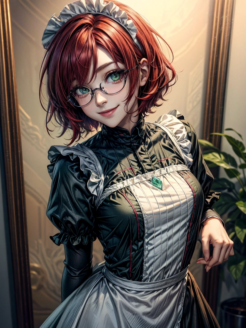 Short,  red hair ,  green eyes,  metal-framed glasses,  maid costume,  smiling girl.