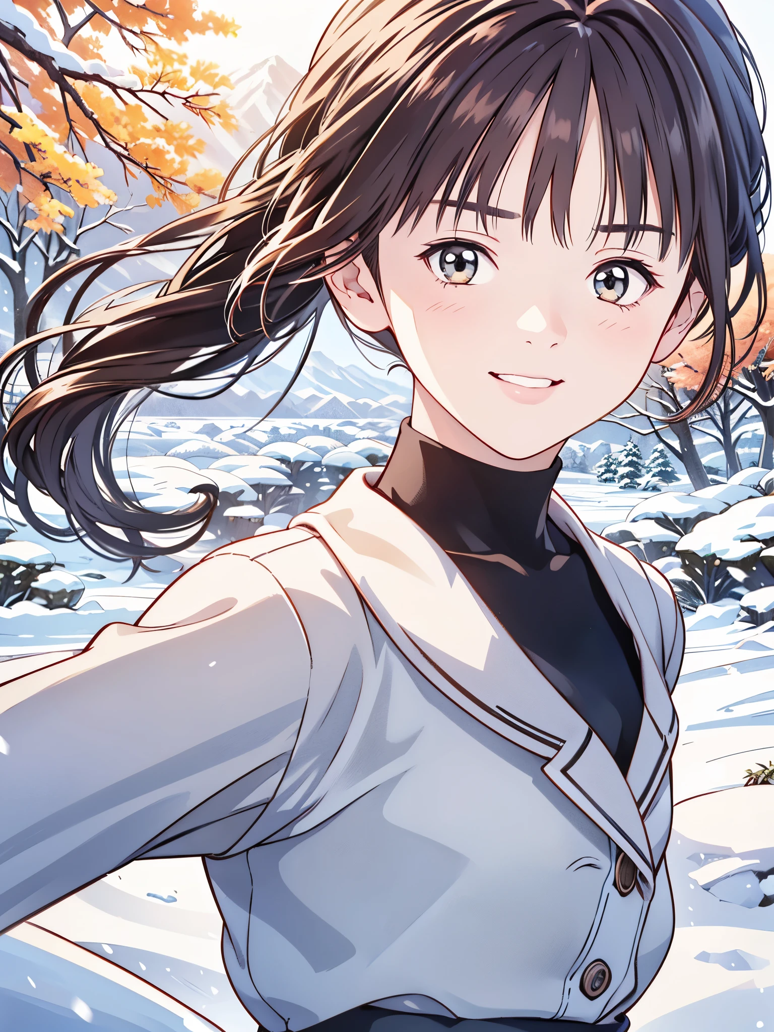 (8k、 top quality 、​masterpiece:1.2)、( realistic 、 ultra-detailed、 super A high resolution、 1 girl、、 beautiful detailed face、smile、narrow、( slim waist) :1.3)、Autumn Clothes、  、 skin texture、Floating Hair、  Professional Lighting  、 high schoolnts服 人体全体、Brown Hair、Shy、Mikity、Tree Eyes、 romantic in the snow、Junior high  students、、Poses、In the mountains、