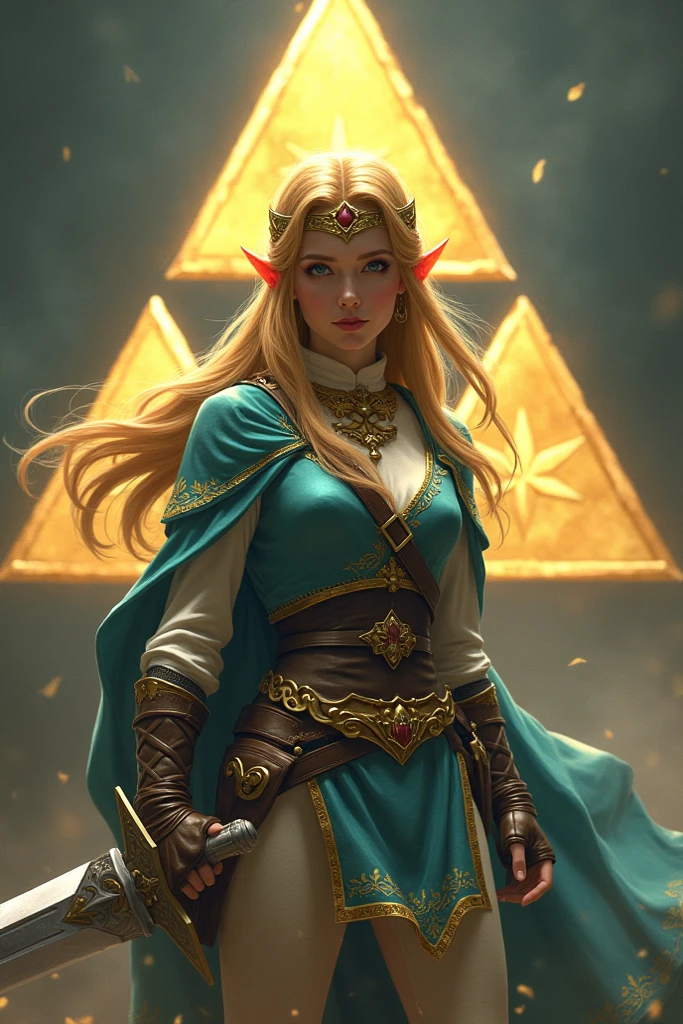 Guerrière Princesse Zelda, avec une épée, triforce en fond 