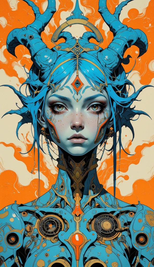 alien with blue hair by theo el, in the style of balanced symmetry, light orange and cyan, detailed facial features, manticore, organic forms, muted tones, meticulous portraiture, complex patterns --ar 1:2 --stylize 750 --v 6