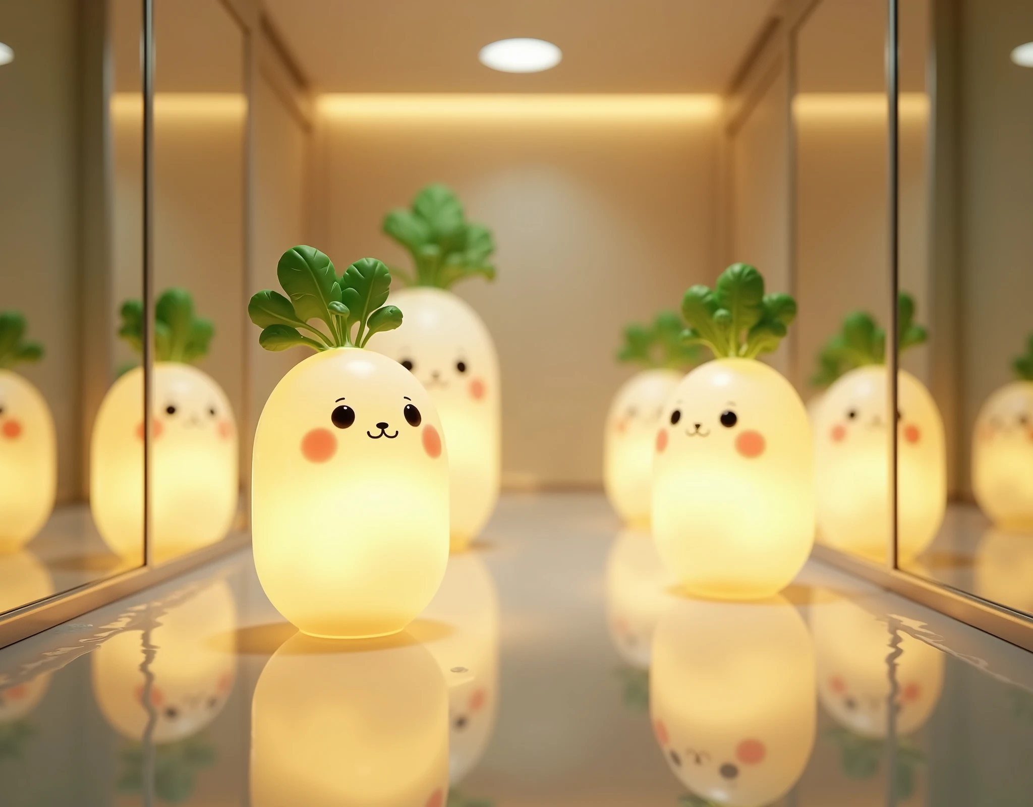 (masterpiece:1.2,EXCEPTIONAL QUALITY ,Mirror finish,  Cinematic Experience ),8k,( wallpaper),(  ray tracing),( interior ),(Translucent indirect lighting with daikon-shaped mascot characters:2.0),(  light up:2.0),(Warm Light:2.0),(Healing:2.0),  Very simple design  ,(from below:2.0)