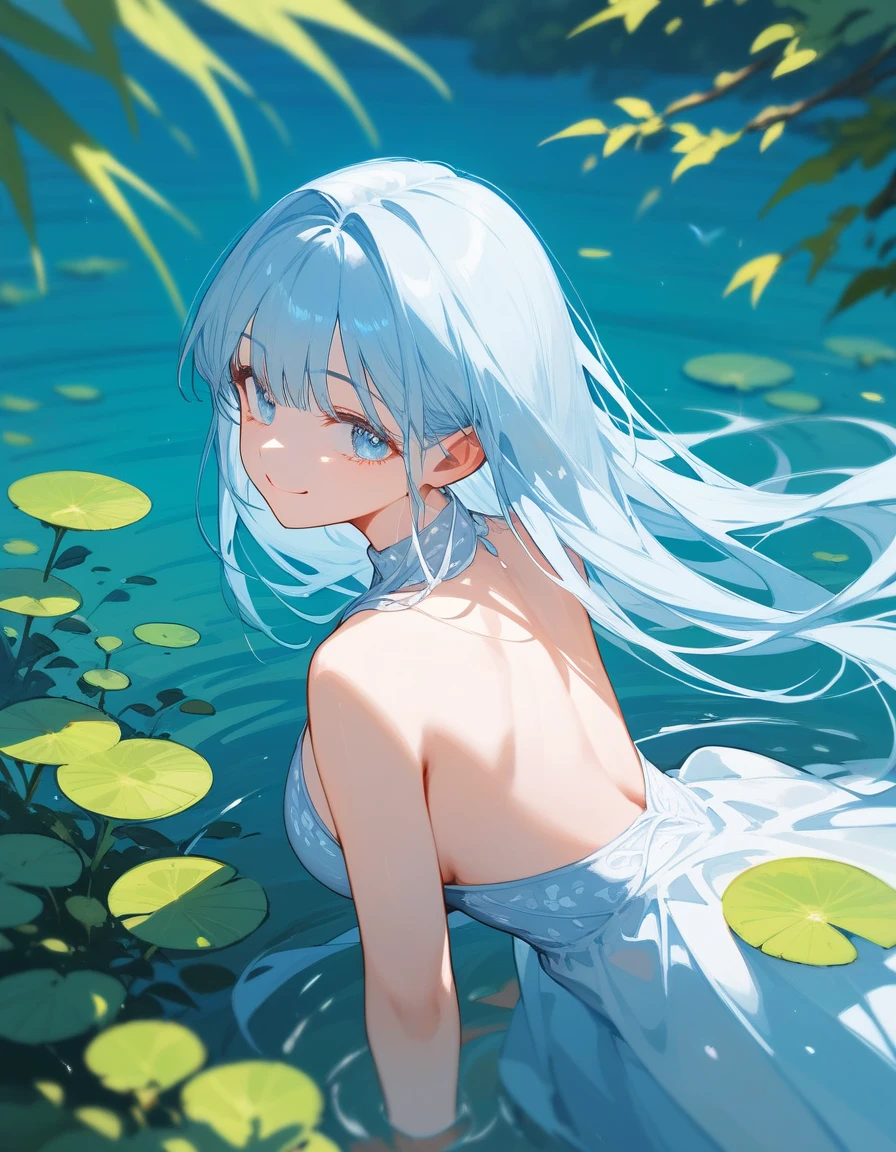 (masterpiece), painting style: (ink, rain), subject: fresh and elegant, character: girly, delicate temperament. Posture: Lying slightly on your side in the clear water, looking up at the sky, your elegant and slender fingers ripple on the water. Details: Water droplets splashed on her body, soaking loose white clothes, the corners of her clothes rippling with the water. Visual priority: mainly girls, smoke and rain and ink vistas are secondary, the picture is mainly soft, and the torrent is secondary.