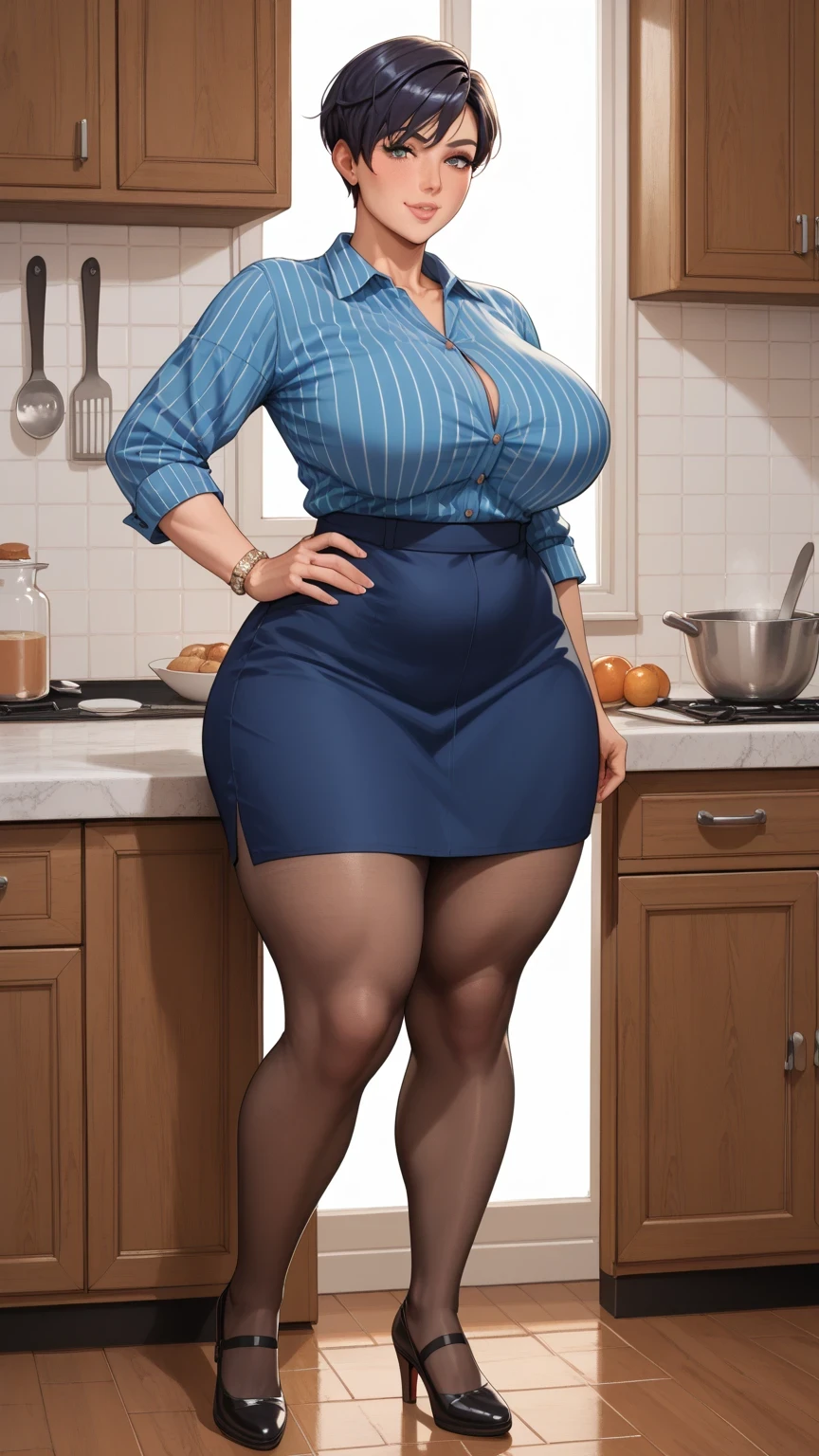 A 39-year-old woman with a ((voluptuous figure and massive thighs)), showcasing her enormous, full breasts, stands in a kitchen, viewed from beneath, wearing a blue-black striped casual fit tunic blouse and a matching skirt, paired with black tights and shoes. Her dark hair is styled in a pixie cut, and deep wrinkles etch her mature face. Her legs and shoes are visible, emphasizing her curvy silhouette, as she stands confidently, her breasts subtly visible beneath her clothing.