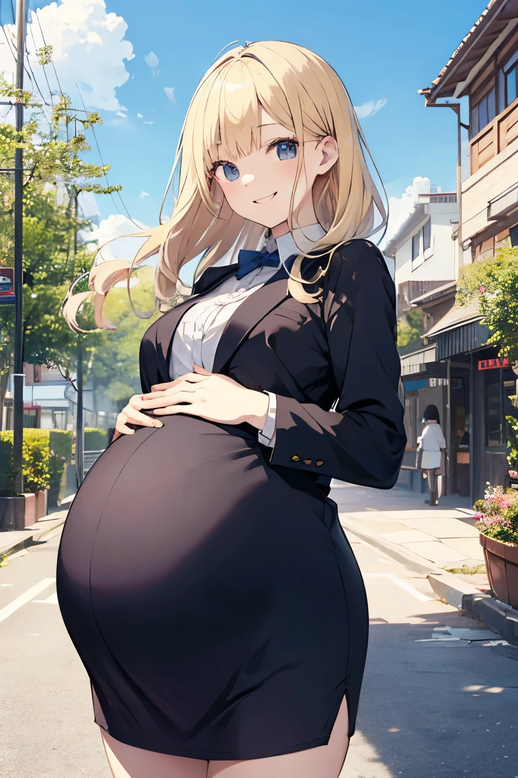 (Pretty sister:1.3)、happy face,spring atmosphere、suit figure、wave hands、noon、blonde, (Pregnant)