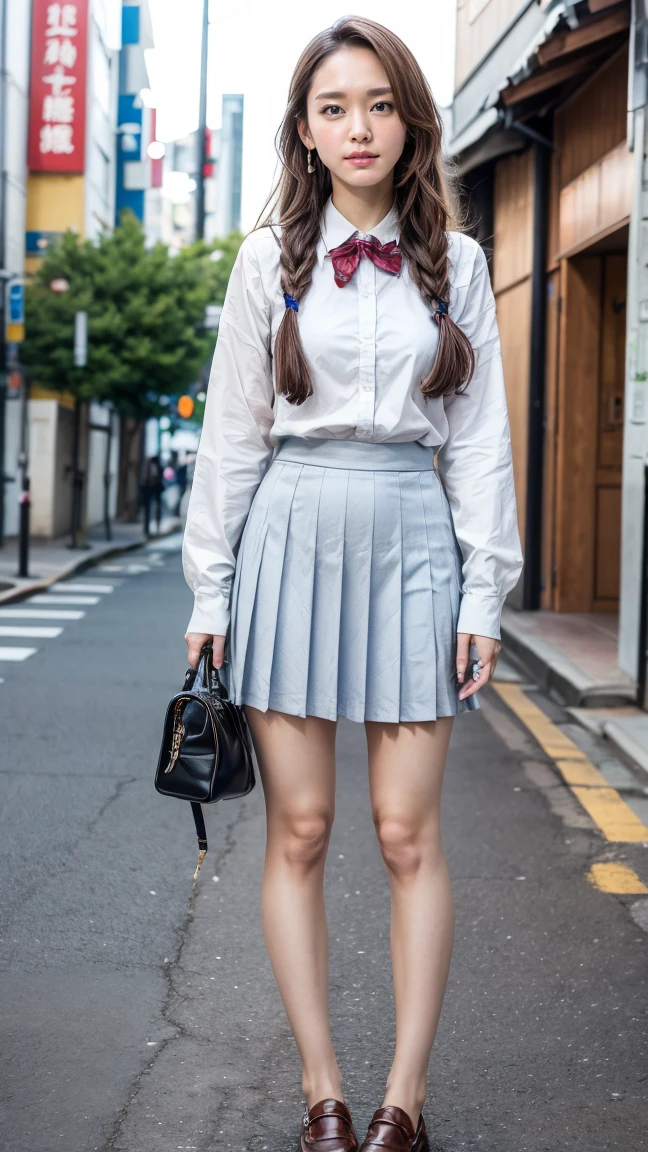 a beautiful 18 year old Japanese high school girl with perfect anatomy, healthy thighs, beautiful legs, beautiful skin, random hair color and style, large breasts, (wearing a Japanese schoolgirl uniform:1.3), (she is standing:1.2), penny loafers, holding a student bag, full body shot, standing on a city street, (best quality,4k,8k,highres,masterpiece:1.3),(extremely detailed:1.2), photorealistic, ultra-detailed, vivid colors, studio lighting, professional, Yui Aragaki