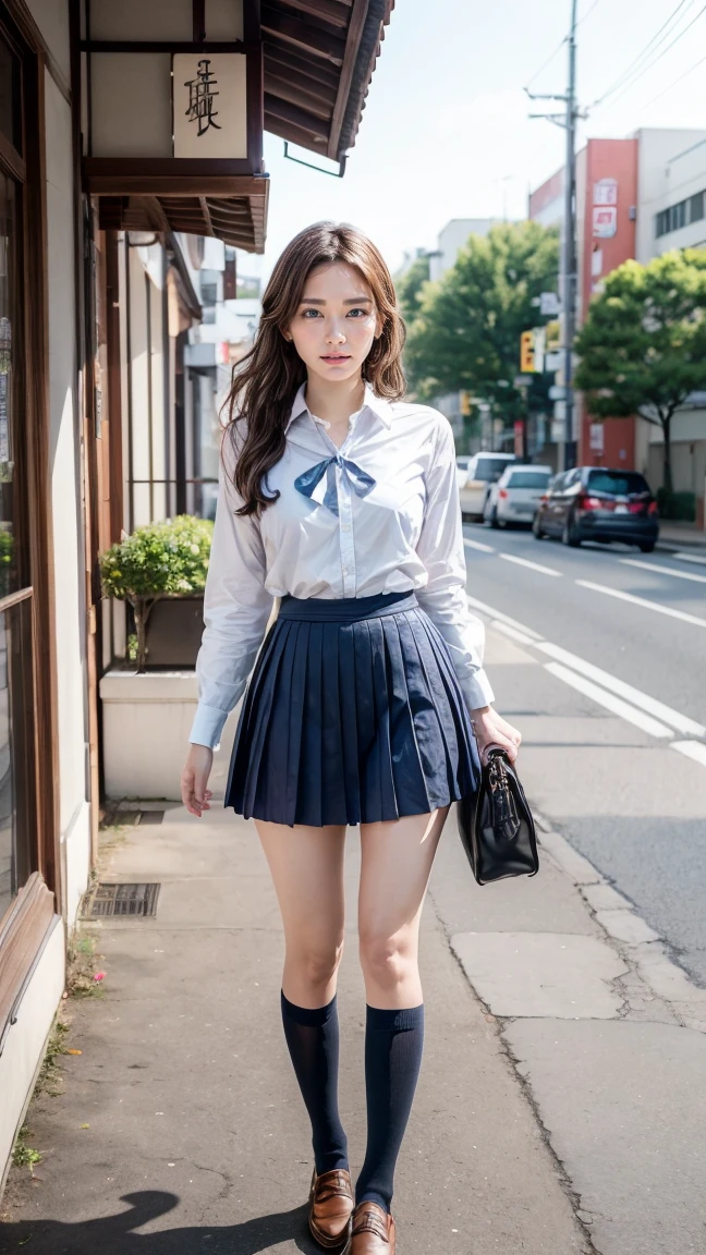 a beautiful 18 year old Japanese high school girl with perfect anatomy, healthy thighs, beautiful legs, beautiful skin, random hair color and style, large breasts, (wearing a Japanese schoolgirl uniform:1.3), (she is standing:1.2), penny loafers, holding a student bag, full body shot, standing on a city street, (best quality,4k,8k,highres,masterpiece:1.3),(extremely detailed:1.2), photorealistic, ultra-detailed, vivid colors, studio lighting, professional, Yui Aragaki