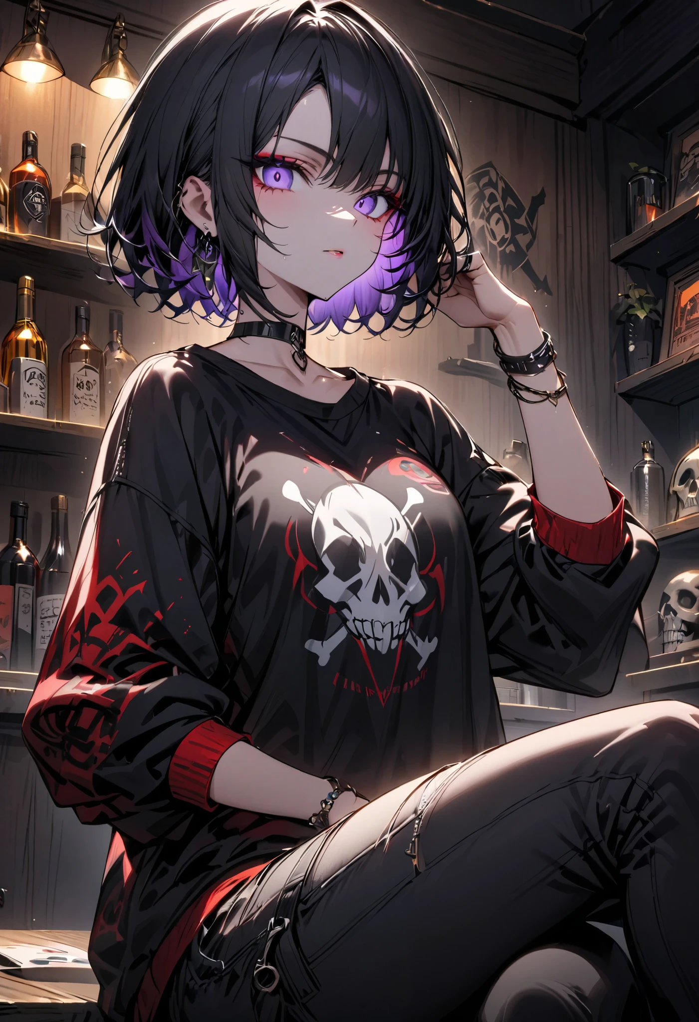  The character is a stylized figure that presents a bold look and modern . she has short hair,  with a combination of colors ,  being black at the root and white at the tips . Your gaze is intense,  with makeup that highlights the eyes ,  giving a mysterious air .

 She is wearing a black sweatshirt with a large skull print and crossed bones on the front,  conveying a rocker style or alternative .  The sweatshirt is comfortable and casual , combined with dark pants . 

 Its style includes accessories such as a choker , rings and bracelets ,  that add a touch of attitude to the look .  The setting in the background suggests a relaxing place ,  maybe a bar or a game room ,  with visible drink shelves . 

 The character's pose is confident ,  with a hand resting casually on the leg ,  that enhances your self-confidence and style .