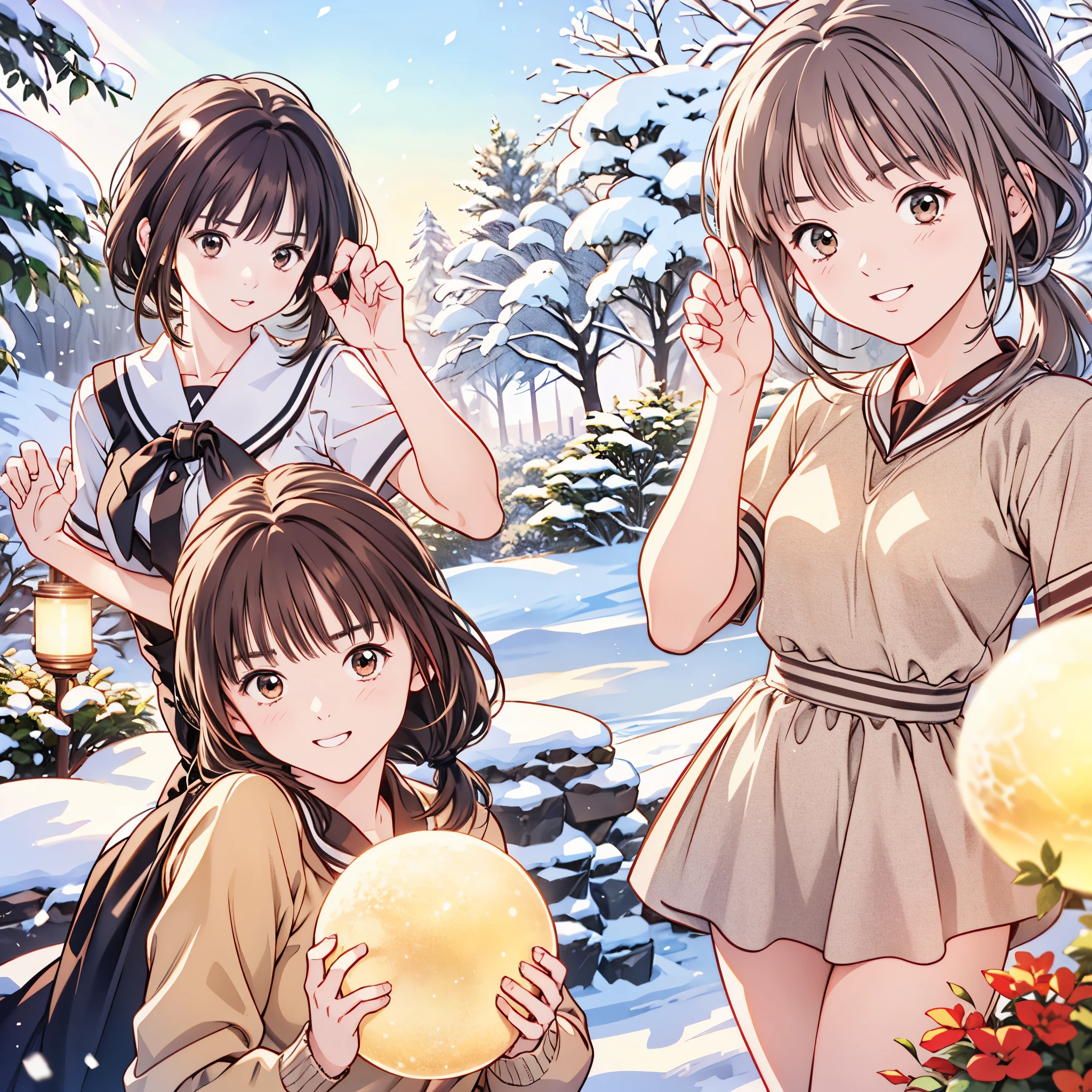 (8k、 top quality 、​masterpiece:1.2)、( realistic 、 ultra-detailed、 super A high resolution、 2 girls in 2、(One person has silver hair 、一人はBrown Hair )、 beautiful detailed face、smile、narrow、( slim waist) :1.3)、Autumn Clothes、  、 skin texture、Floating Hair、  Professional Lighting  、***************************服 人体全体、Brown Hair、Shy、Mikity、 romantic in the snow、((****** high ***************、、Ponytail、 idol poses))、