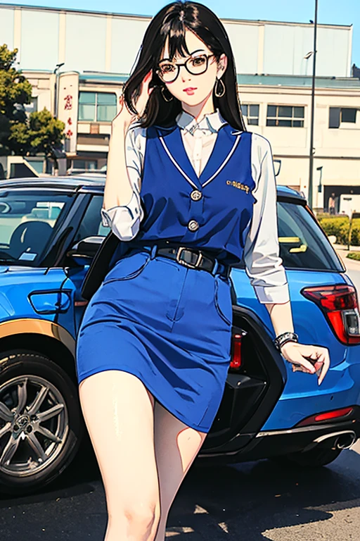 (( top quality )), ((傑 top quality 、masterpiece、High sensitivity、 high res、 detailed depiction 、 delicate face depiction )),Slender woman、Glasses、 miniskirt、Japanese policewoman、mini police car 、Traffic management、
