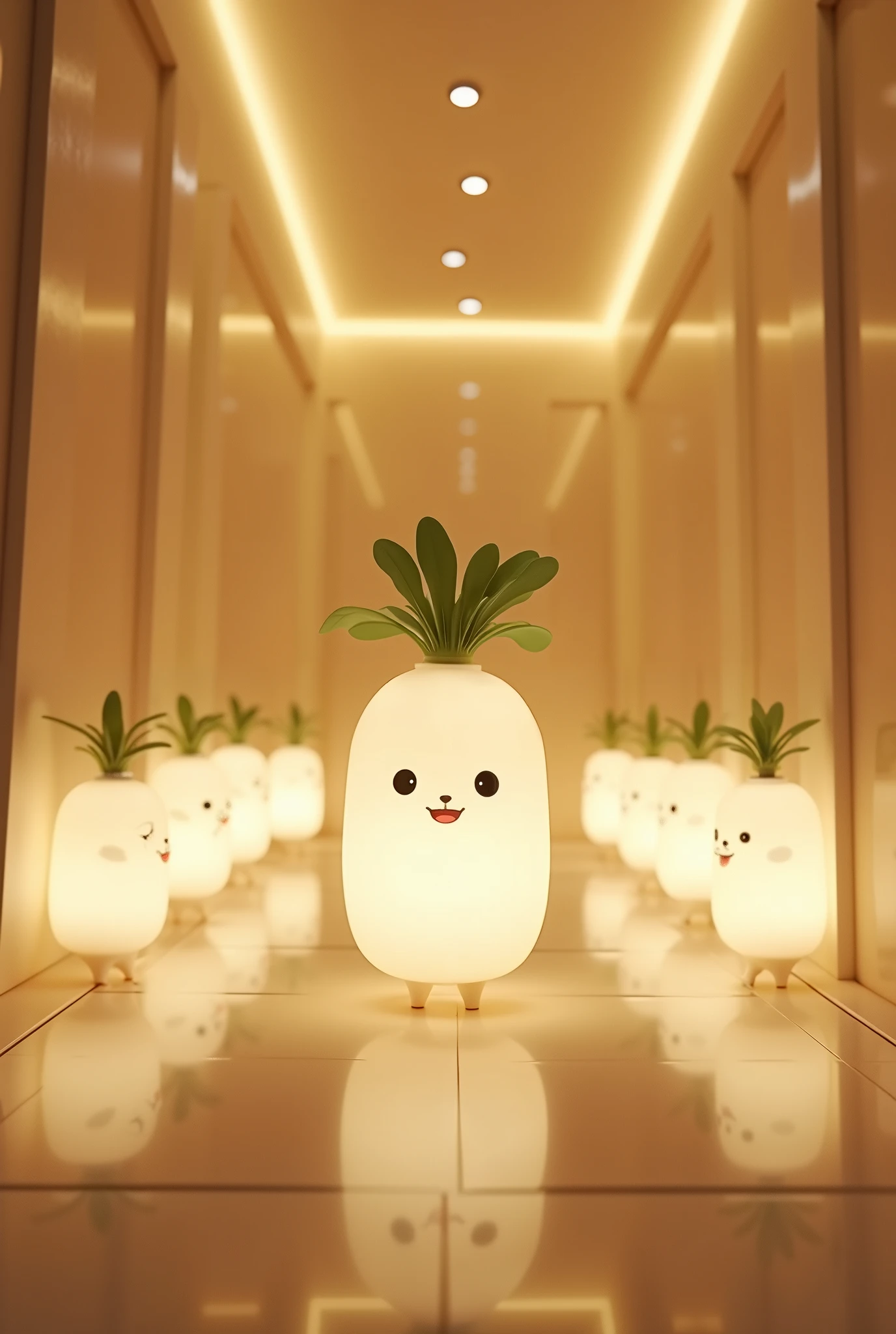 (masterpiece:1.2,EXCEPTIONAL QUALITY ,Mirror finish,  Cinematic Experience ),8k,( wallpaper),(  ray tracing),( interior ),(Translucent indirect lighting with daikon-shaped mascot characters:2.0),(  light up:2.0),(Warm Light:2.0),(Healing:2.0),  Very simple design  ,(from below:2.0)