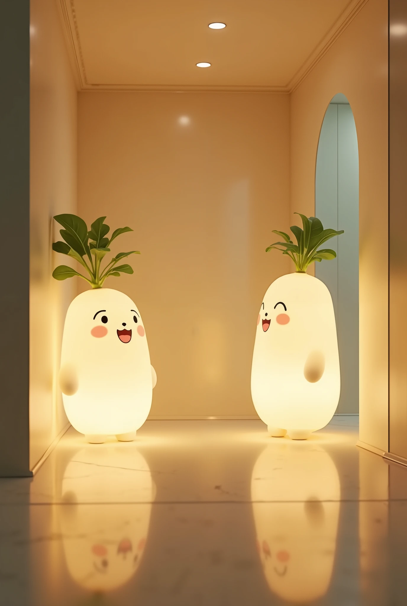 (masterpiece:1.2,EXCEPTIONAL QUALITY ,Mirror finish,  Cinematic Experience ),8k,( wallpaper),(  ray tracing),( interior ),(Translucent indirect lighting with daikon-shaped mascot characters:2.0),(  light up:2.0),(Warm Light:2.0),(Healing:2.0),  Very simple design  ,(from below:2.0)