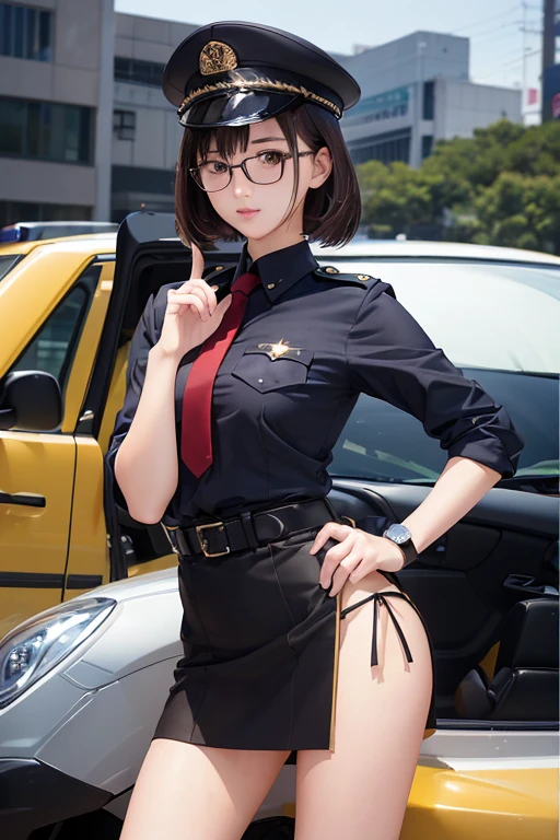 (( top quality )), ((傑 top quality 、masterpiece、High sensitivity、 high res、 detailed depiction 、 delicate face depiction )),Slender woman、Glasses、 miniskirt、Japanese police officer、mini police car 、Traffic management、
