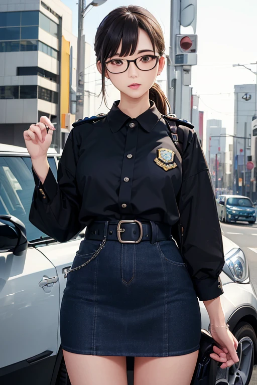 (( top quality )), ((傑 top quality 、masterpiece、High sensitivity、 high res、 detailed depiction 、 delicate face depiction )),Slender woman、Glasses、 miniskirt、Japanese police officer、mini police car 、Traffic management、
