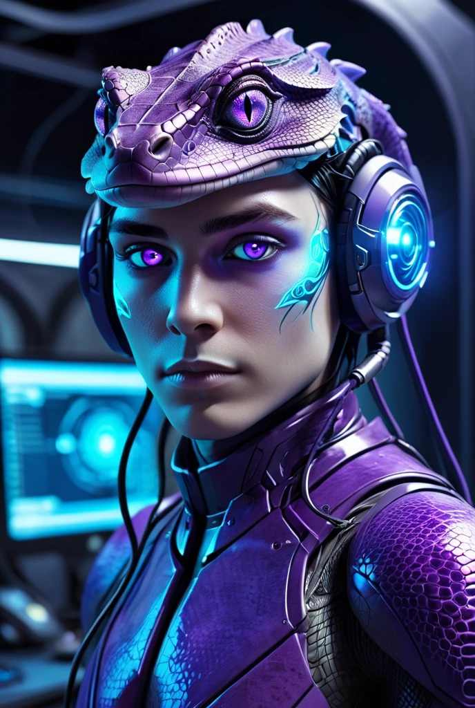  character who is a futuristic computer operator ,  with the head of a tender reptile and a male human body,  eyes and details on the body bright and impressive , Use purple and blue 