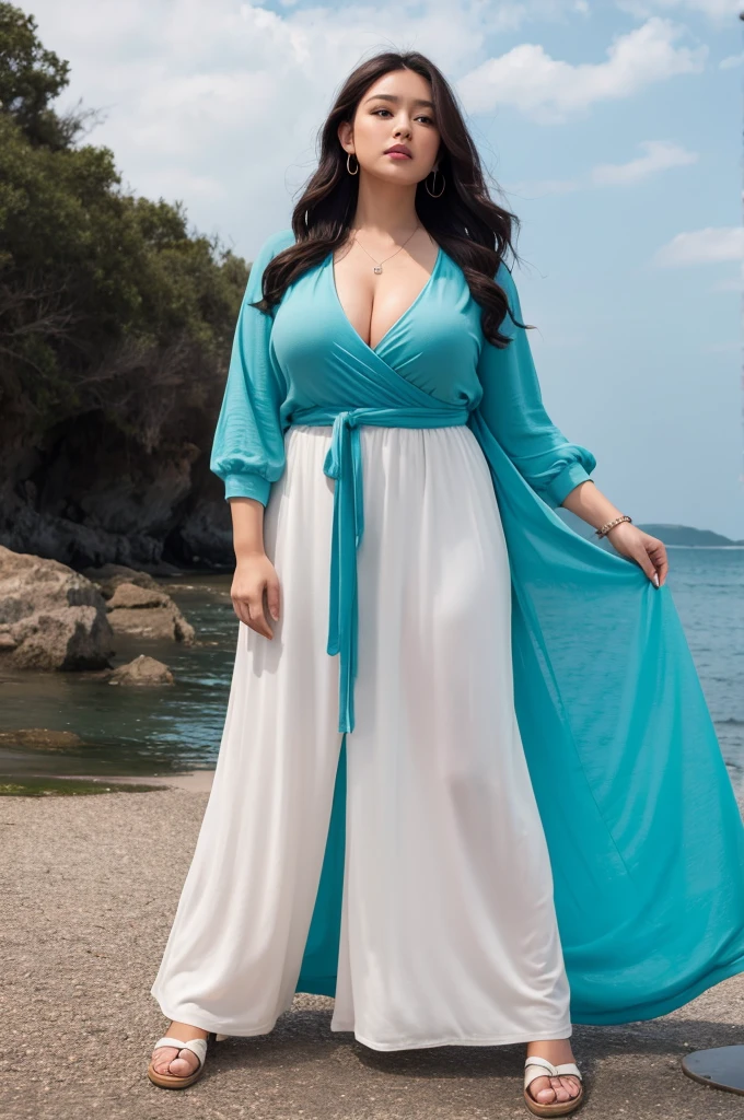 full-length full body image of a beautiful girl in her early 20s, pale white skin, very tall, curvy, chubby, with long uncut brown hair, sky blue eyes, ruddy skin, beautiful, button nose, full lips, smiling, feeling of lightness and joy, hyperrealism, skin very elaborated, in traditional indian wear, direct gaze