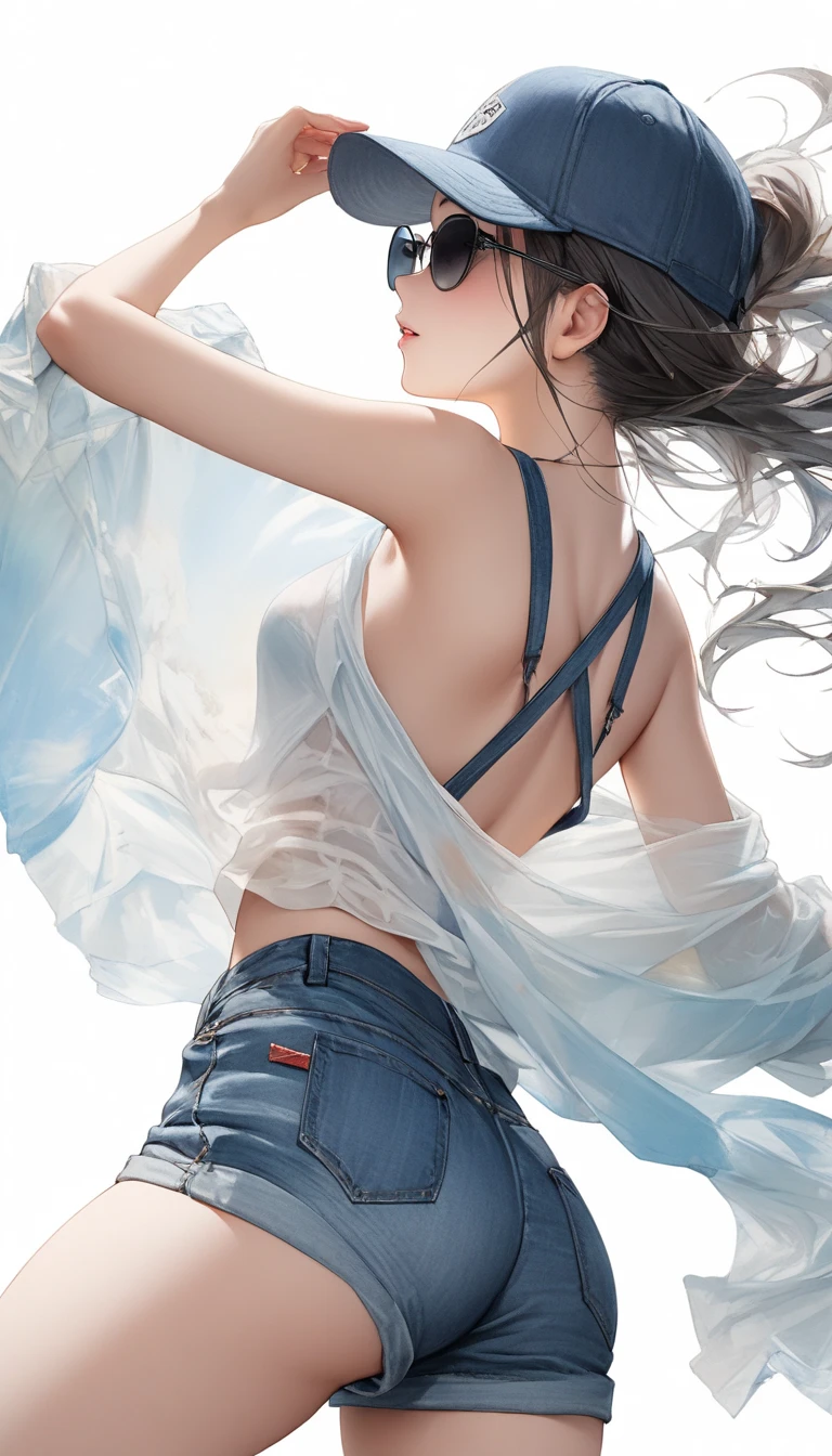 Oriental beautiful girl，sideways，Over Shoulder ，Shoulder to look.白色透明的Realistic畫作， Color Watercolor Rendering ， Face Texture Clear ， Dark Blue Baseball Cap Unworn ，Open Back Suspender Small Cute Transparent Hooded Sweatshirt ， Blue Antique Denim Shorts ， Sunglasses ， White Beach Background ， Messy Stroke ， Holding a cup of coffee .Realistic、Super detailed、 Curved hips 、 top quality 、masterpiece、超高分辨率數位藝術影像超現實主義masterpiece最佳品質