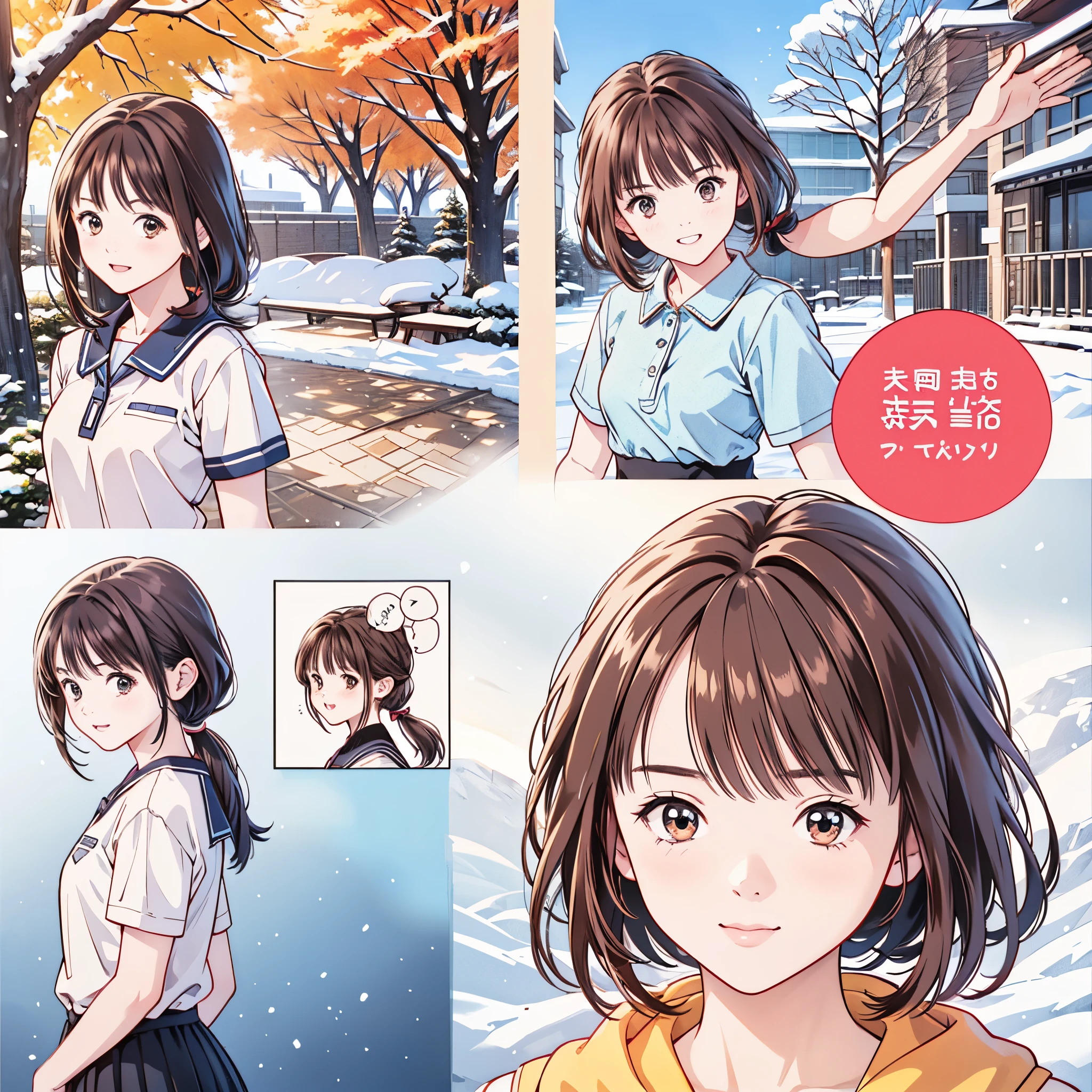 (8k、 top quality 、​masterpiece:1.2)、( realistic 、 ultra-detailed、 super A high resolution、 1 girl、、 beautiful detailed face、smile、narrow、( slim waist) :1.3)、Autumn Clothes、  、 skin texture、Floating Hair、  Professional Lighting  、Junior high school students服 人体全体、((Brown Hair、Shy、Mikity))、 romantic in the snow、((Junior high school students、、Ponytail、 Class Idol))、cool、Tree Eyes、School、