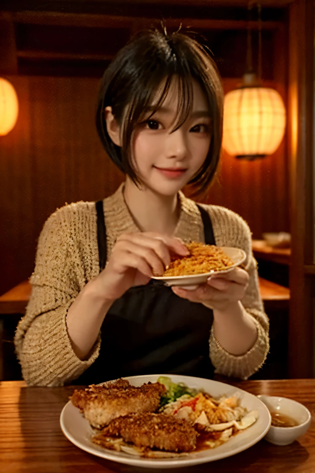 A photorealistic scene of a beautiful Korean woman with a short black bob haircut, enjoying a plate of tonkatsu (Japanese pork cutlet) at a cozy restaurant. She is holding chopsticks and about to take a bite with a cheerful expression. The tonkatsu is crispy and golden brown, served with shredded cabbage, rice, and miso soup on a traditional wooden table. The background shows a warm and inviting Korean-style interior with soft lighting and minimalistic decor. The atmosphere is lively and casual, perfect for dining.