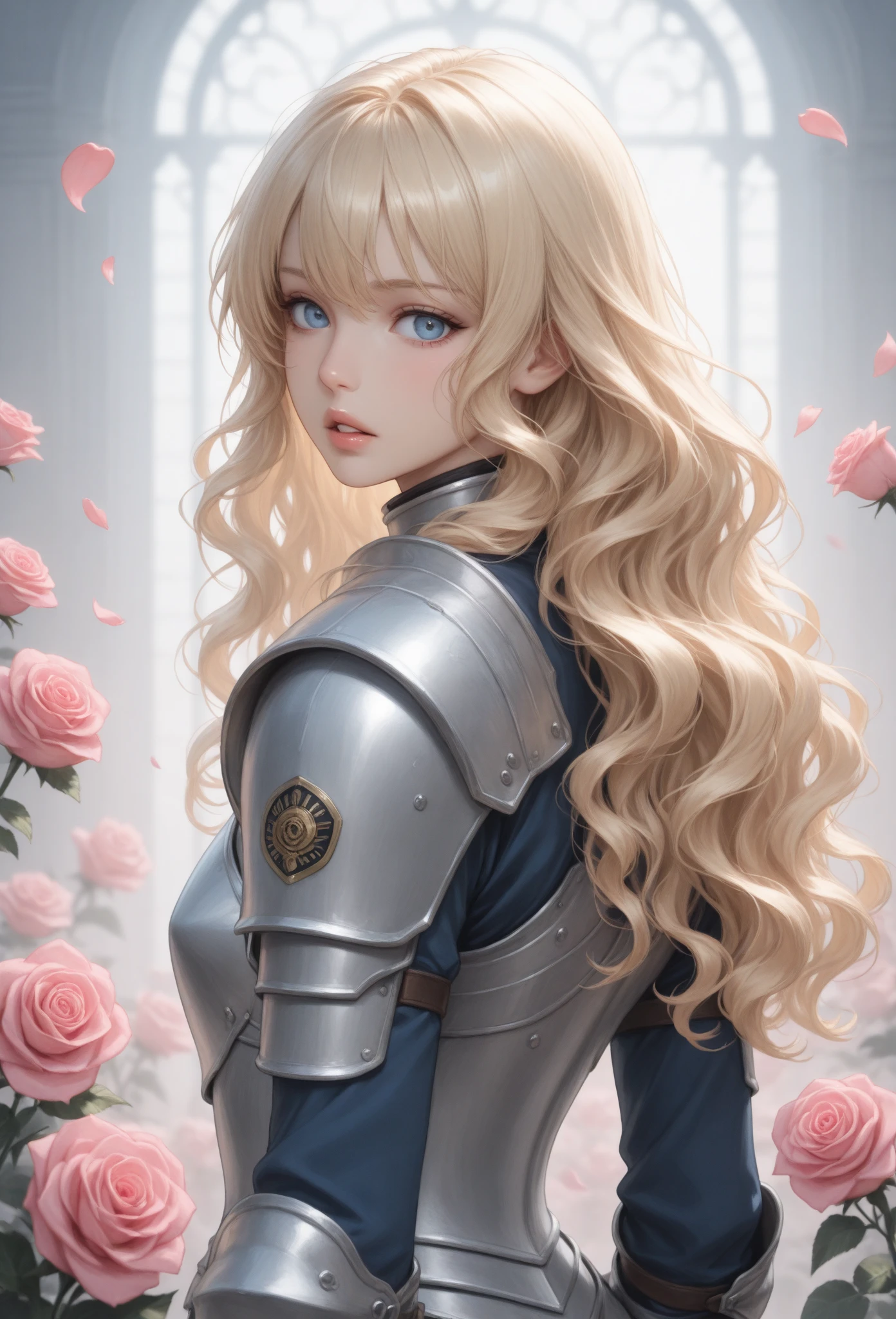 IllusP0s, 1girl, long hair, looking at viewer, blue eyes, blonde hair, long sleeves, upper body, flower, parted lips, looking back, from behind, armor, uniform, lips, petals, rose, wavy hair, shoulder armor, pink flower, pink rose
