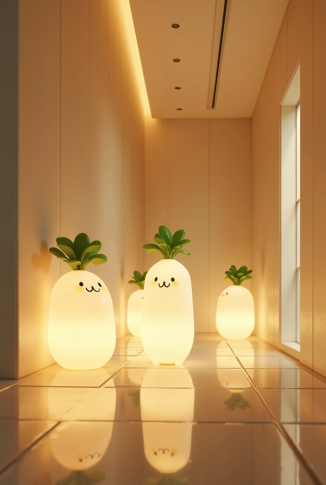 (masterpiece:1.2,EXCEPTIONAL QUALITY ,Mirror finish,  Cinematic Experience ),8k,( wallpaper),(  ray tracing),( interior ),(Translucent indirect lighting with daikon-shaped mascot characters:2.0),(  light up:2.0),(Warm Light:2.0),(Healing:2.0),  Very simple design  ,(from below:2.0)