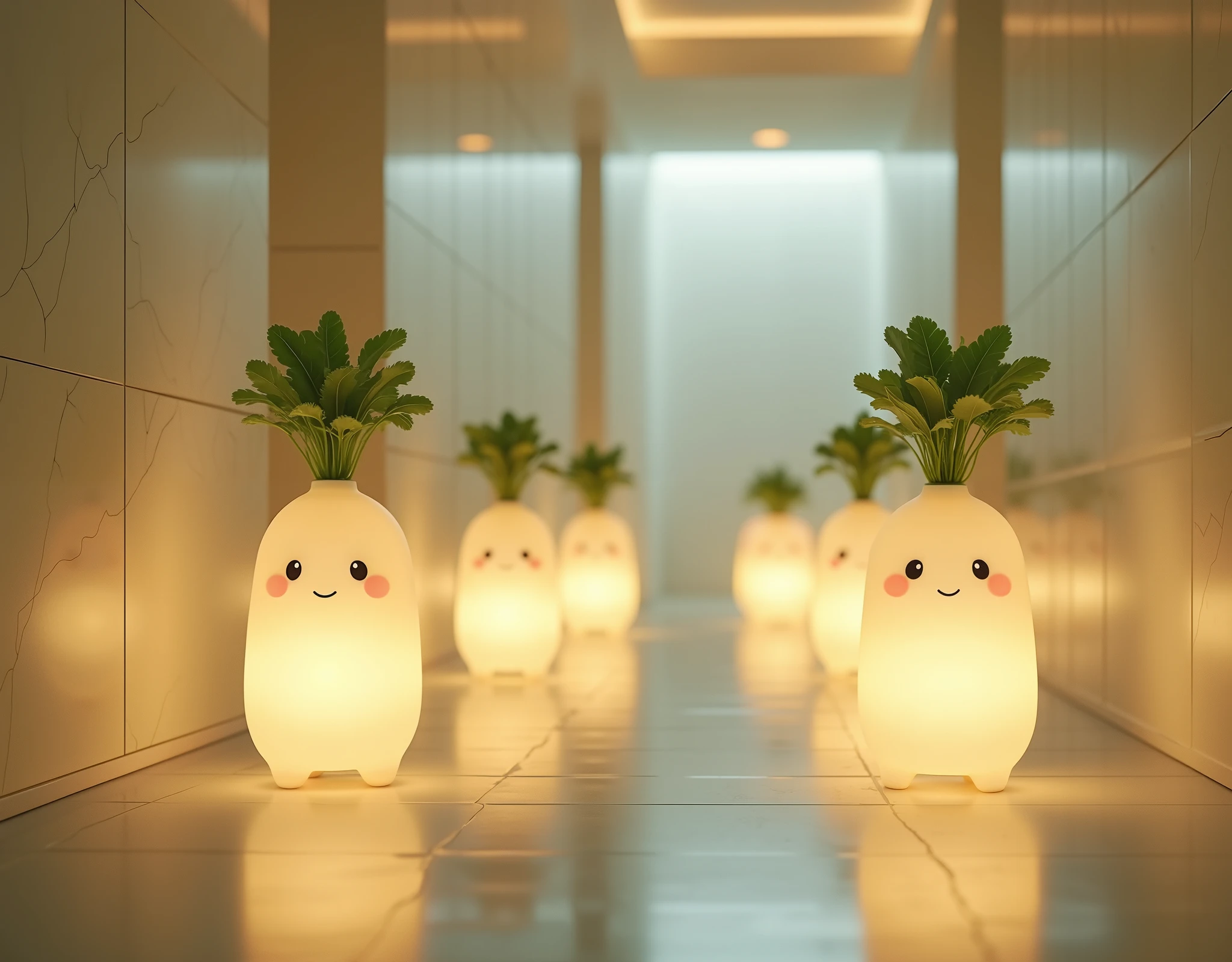 (masterpiece:1.2,EXCEPTIONAL QUALITY ,Mirror finish,  Cinematic Experience ),8k,( wallpaper),(  ray tracing),( interior ),(Translucent indirect lighting with daikon-shaped mascot characters:2.0),(  light up:2.0),(Warm Light:2.0),(Healing:2.0),  Very simple design  ,(from below:2.0)