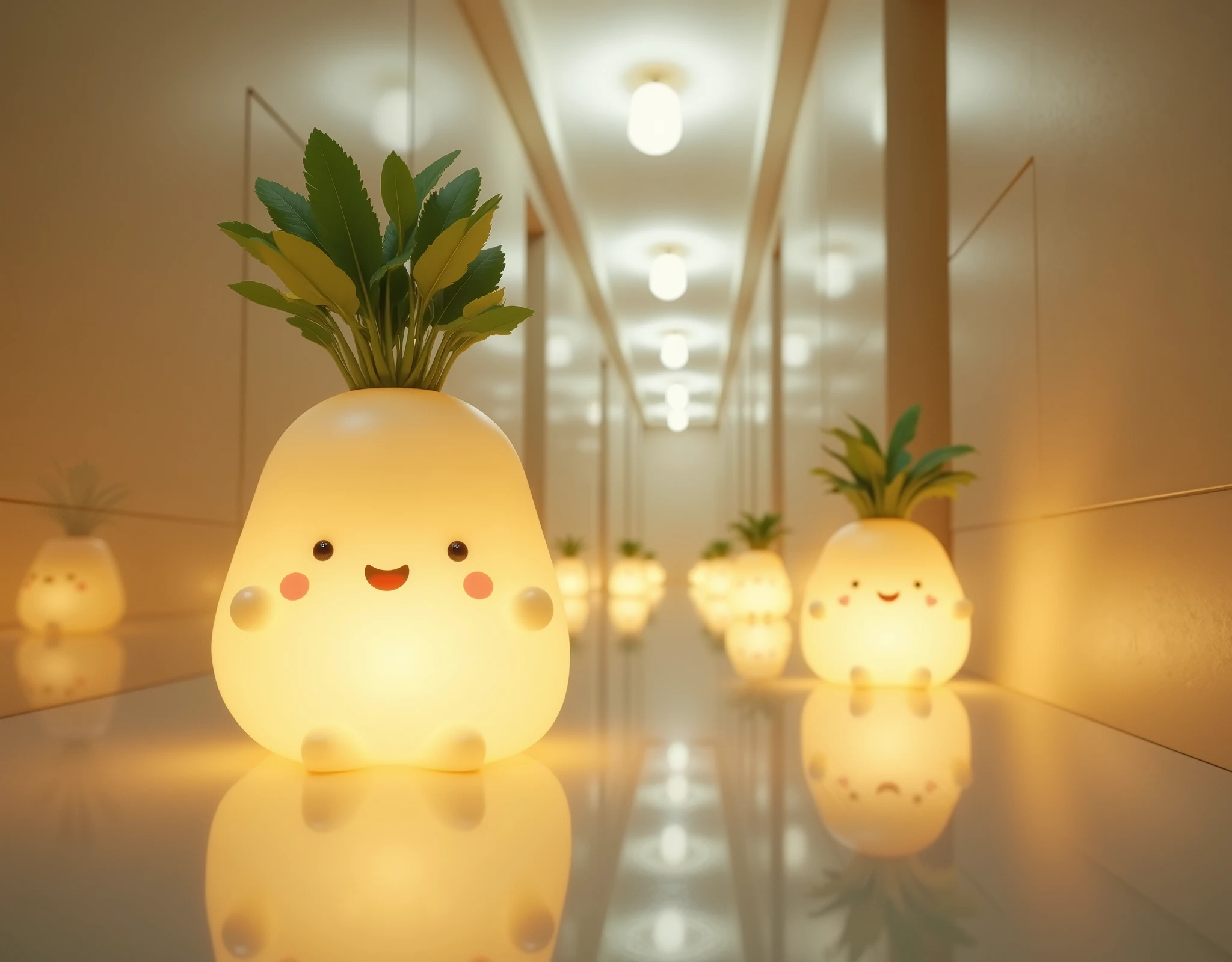 (masterpiece:1.2,EXCEPTIONAL QUALITY ,Mirror finish,  Cinematic Experience ),8k,( wallpaper),(  ray tracing),( interior ),(Translucent indirect lighting with daikon-shaped mascot characters:2.0),(  light up:2.0),(Warm Light:2.0),(Healing:2.0),  Very simple design  ,(from below:2.0)