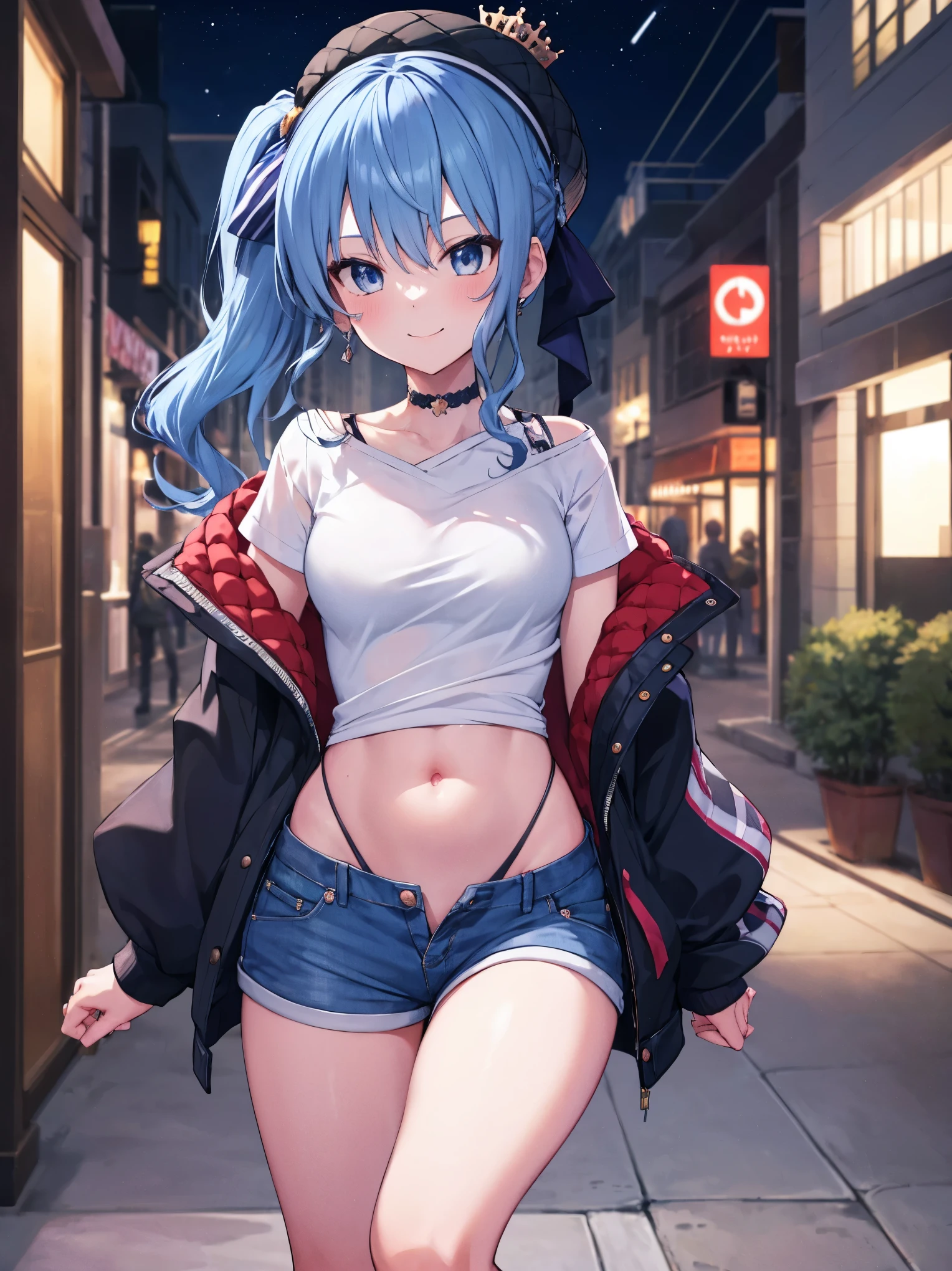 NSFW,One girl,hoshimachi suisei,blue eyes,Blue Hair,choker,Hair between the eyes,Medium Hair,Side Ponytail,スターchoker,Small breasts,Jacket,cropped,Shorts,Thigh straps,Downtown at night,Narrow Alley,(Perfect hands),(Perfect Anatomy),(masterpiece),(highest quality)