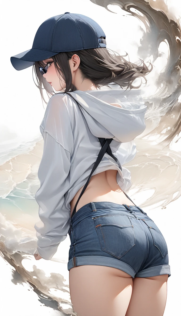 Oriental beautiful girl，sideways，Over Shoulder ，Shoulder to look.白色透明的Realistic畫作， Color Watercolor Rendering ， Face Texture Clear ， Dark Blue Baseball Cap Unworn ，Open Back Suspender Small Cute Transparent Hooded Sweatshirt ， Blue Antique Denim Shorts ， Sunglasses ， White Beach Background ， Messy Stroke ， Holding a cup of coffee .Realistic、Super detailed、 Curved hips 、 top quality 、masterpiece、超高分辨率數位藝術影像超現實主義masterpiece最佳品質