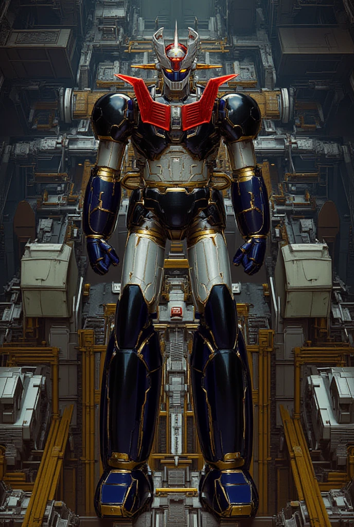 A very realistic giant version of Mazinger Z , Standing in a forward position at a height of 100 meters .  reactor equipment production line constructed with modern materials such as steel ,  Carbon Fiber ,  other industrial elements are also visible ,  just like the real thing ,  where high voltage current flows and emits light have been carefully recreated.  set in a modern industrial environment ,  the appearance of Mazinger Z standing around ,  illuminated by natural light 、 huge structures highlighted with realistic shadows . LED light lighting 