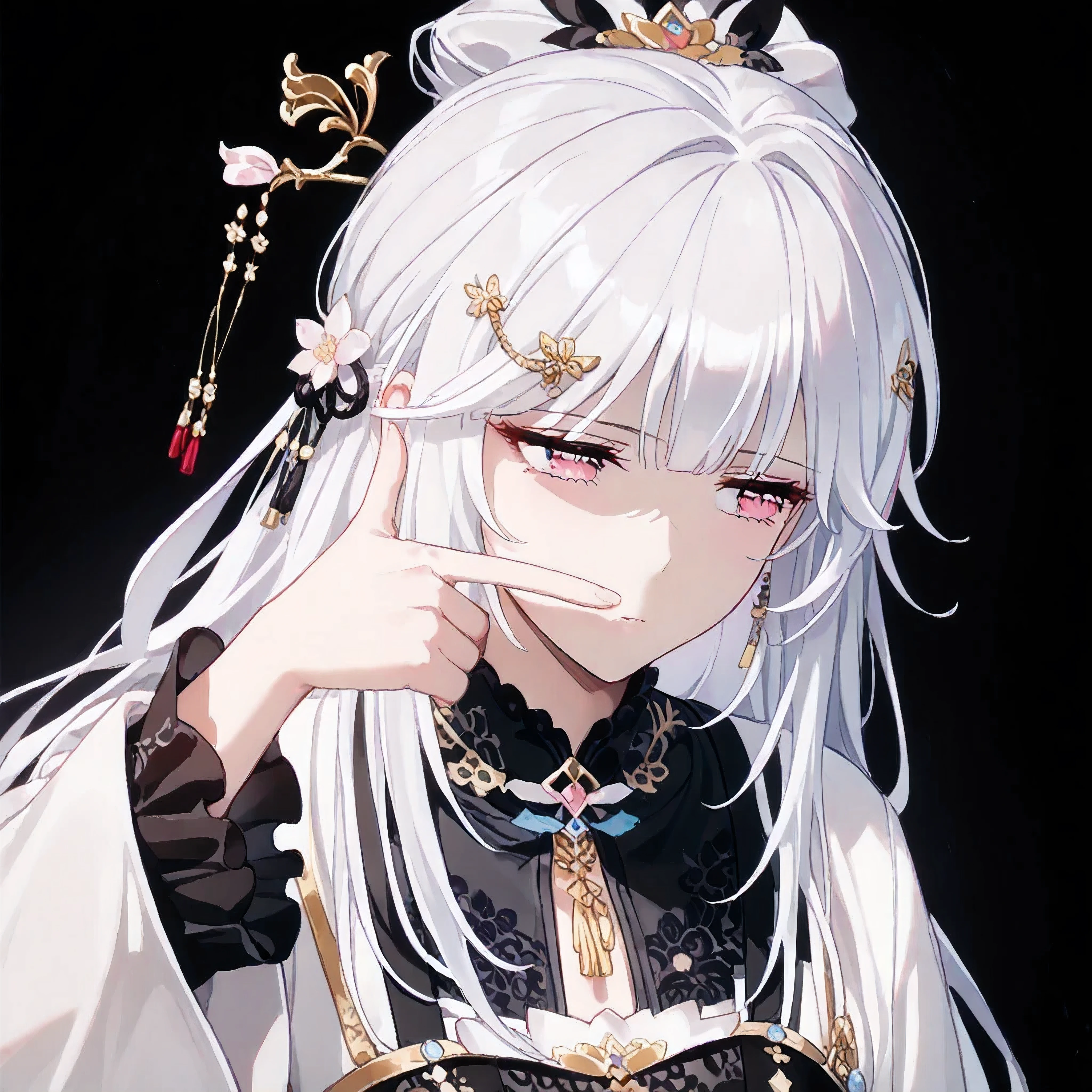 UN\(EOE\),one girl,solo,best quality, masterpiece,score_9, score_8_up, score_7_up, score_6_up, score_5_up, score_4_up ,,break,1girl,(dark background), (shaded Lighting),,break, incredibly_absurdres, ,very high resolution, very aesthetic,by famous artist, 8k, 16k,,beauty illustration,photoshop_(large),,(pink eyes:1.2,looking outside),(white hair|Detailed hair|long hair|hairpin|updo),(white coat top,string,frills),(sleepy, depressed,emotionless,jitome),,one mole under eye,intense angle, f/16, Canon,upper body,(finger frame,)
