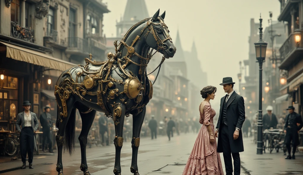 (best quality, 128k,highres,masterpiece:1.2),ultra-detailed,(realistic,photorealistic,photo-realistic:1.37), ((masterpiece)) ((photography)) ((Highest quality)) A vintage, steam-powered mechanical horse, intricately designed with brass details, polished copper pipes, and glass elements, walks with a soft hiss along a fog-covered cobblestone street in an early 20th-century city. The mist creates a mysterious ambiance, shrouding the scene in an ethereal glow. In the foreground, a fashionable woman in a pink Victorian dress, adorned with lace and delicate embellishments, stands elegantly, her eyes filled with curiosity as she gazes at the mechanical creature. Beside her, another woman in period attire observes, while a well-dressed man in a dark coat stands nearby, his expression thoughtful as he watches the steam-powered horse. The architecture of the buildings in the background, with their ornate facades and iron street lamps, reflects the historical era, enhancing the bustling atmosphere of this intriguing, steampunk-infused moment.