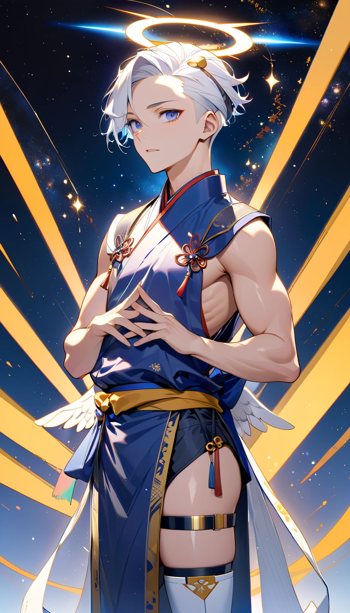 Fresh illustration,
Ultra-fine drawing,
Very delicate illustration,
Very fine details,
One boy,
Full body,
Standing motionless,
Both arms slightly bald,
Height 158cm,
Fair skin,
Right eye is purple,
Left eye is blue,
Odd eyes,
Heterochromie iris,
Beautiful eyes,
Large black pupils,
Cleanly cut hairstyle,
Slicked back hairstyle,
Short hair,
Shiny hair,
Blue roots and white hair elsewhere,
Hair with a gradient,
Cute face,
Pretty face,
A shining angel halo on the back of the head,
Raised eyebrows,
Upper body in kimono,
Upper body in traditional Japanese clothing,
Masculine build,
Six pack,
Very small breasts,
No breasts,
Lower body in Chinese dress,
Black obi,
Overall white clothing,
Gold Tasteful embroidery with thread,
Clothes made of high-quality fabric,
Jock straps,
Thigh straps,
Thigh straps digging into the skin,
White long boots,
Japanese-style toes,
Five fingers on hands and toes,
Thin waist,
Thin legs,
Isometric,
Golden ratio,
Divine atmosphere,
Wearing an indigo-colored stand-up collared inner,
Outer space,
Galaxy,
Countless small stars,
Tactical use of shadows,
Hairbands on head and hair do not extend beyond the frame,
Clothes do not extend beyond the frame,