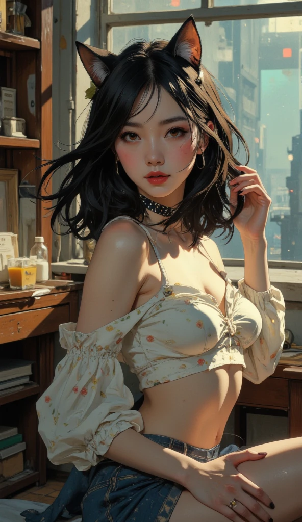 (1girl, full body), beautiful Korean woman, (Cute Loose Bob hair:1.5), (cat ears:1.5), (red lips), (small breasts), (eyelashes, aegyo sal), (flowing hair, bright smile), (bedroom, immersive background), (volumetric haze), (global illumination, dynamic lighting, best illumination, volumetric lighting), (detailed face, beautiful detailed eyes, symmetrical eyes), (hyperrealism, photorealism, realistic, photo-realistic), (photon mapping, physically-based rendering), 