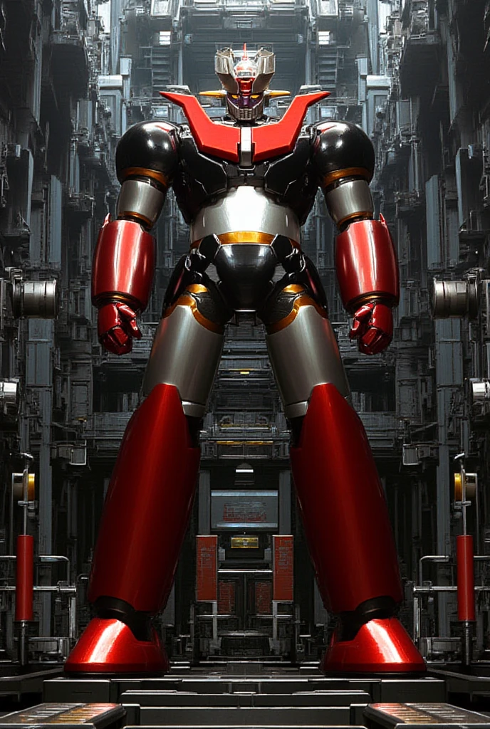  standing 100 meters high in a forward leaning position  ,  Standing 100 meters high in a forward leaning position.    a very realistic giant version of Mazinger Z {x} nuclear reactor equipment production line made with the latest materials such as steel  ,   Carbon Fiber  ,   Other industrial elements are also visible  ,   just like the real thing  ,   has been carefully recreated 。.   Installed in a modern industrial environment  ,   Masinger Z standing around  ,   are illuminated by natural light  、  A huge structure highlighted by realistic shadows  . LED light lighting  