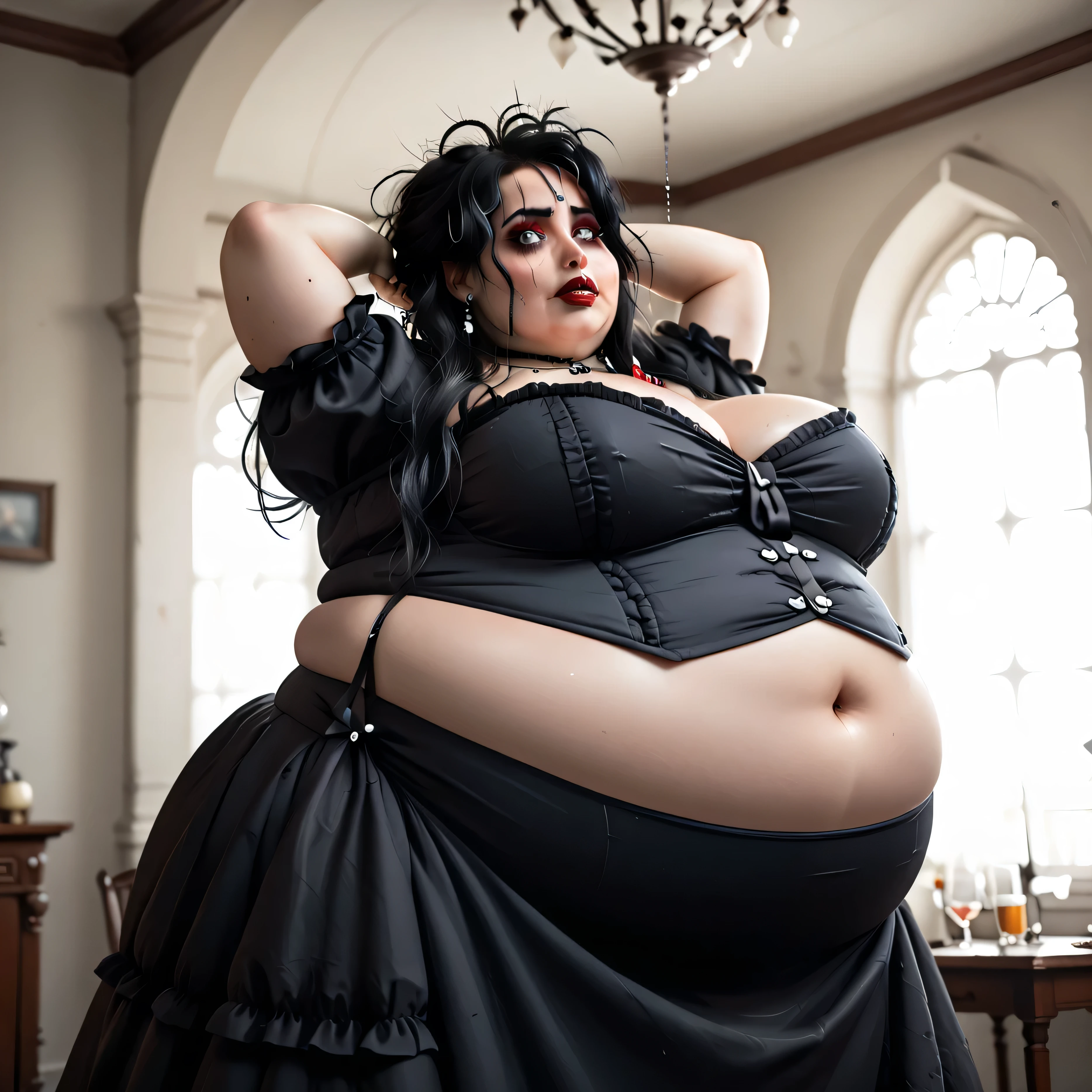 love handles, Fat Rolls, , necklace, diamonds, red cheeks, messy hair in face, unique forehead, large nose, dark eyebrows, pronounced upper lip shape, tall face, bags under eyes (g4n1m3) ((goth girl)) in ((elegant Victorian dress))woman, skinny, ()  (), (), (very drunk), skindentation, , deep navel (), (),  ((safe for work)) (n4g4) solo,blush,score_9, score_8_up, score_7_up, score_6_up, 1girl, long hair, g4n1m3, goth, red lipstick  ()  (), () (deep soft navel) ((breast outline)), (hip dips) from the side, profile shot, () from below, (volumetric and specular lighting:1.2) (arms up) (wincingin pain emotions), (bending over) (round body), (balloon body inflation) (small perky breasts) ((covered midriff)) (button gap), (stretched clothes)