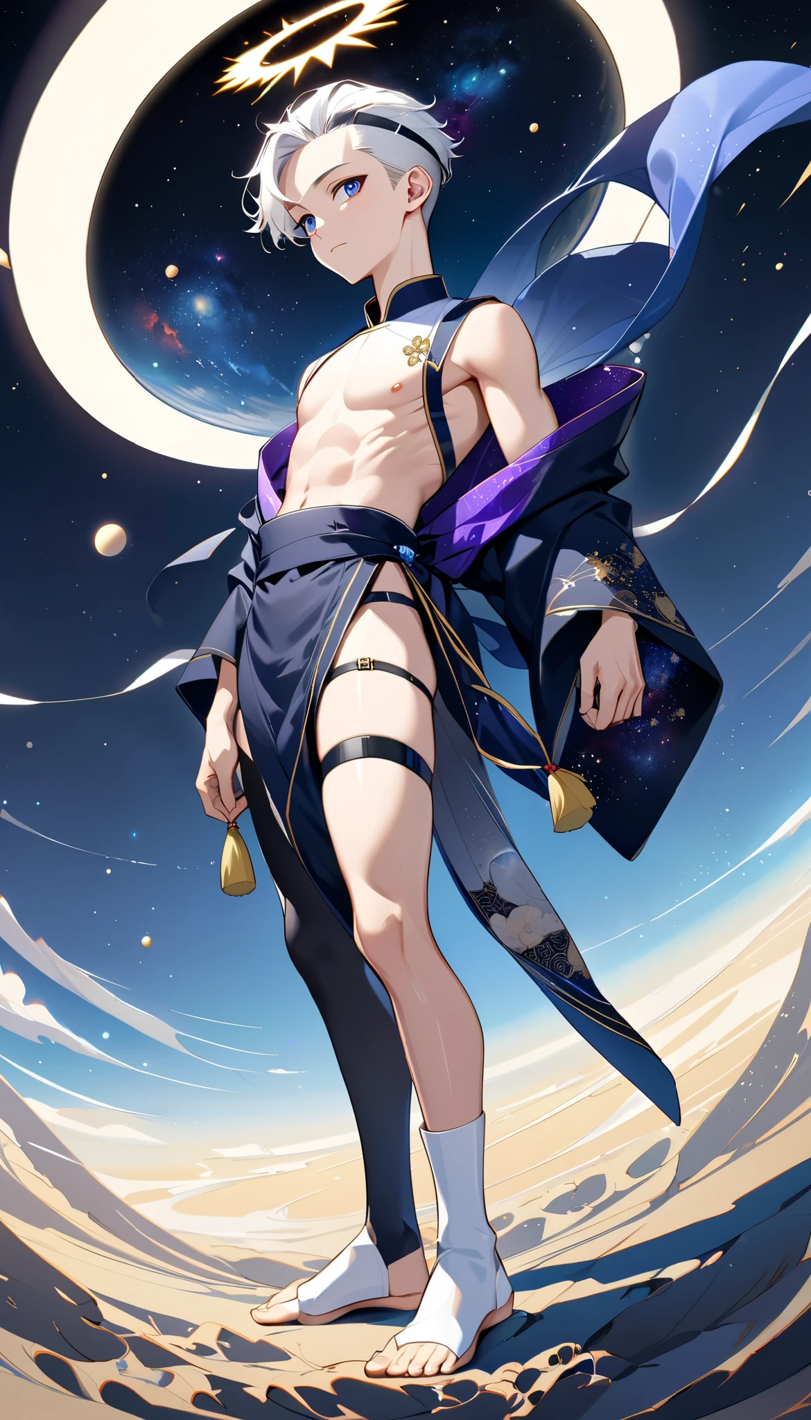 Fresh illustration,
Ultra-fine drawing,
Very delicate illustration,
Very fine details,
One boy,
Full body,
Standing motionless,
Both arms slightly bald,
Height 158cm,
Fair skin,
Right eye is purple,
Left eye is blue,
Odd eyes,
Heterochromie iris,
Beautiful eyes,
Large black pupils,
Cleanly cut hairstyle,
Slicked back hairstyle,
Short hair,
Shiny hair,
Blue roots and white hair elsewhere,
Hair with a gradient,
Cute face,
Pretty face,
A shining angel halo on the back of the head,
Raised eyebrows,
Upper body in kimono,
Upper body in traditional Japanese clothing,
Masculine build,
Six pack,
Very small breasts,
No breasts,
Lower body in Chinese dress,
Black obi,
Overall white clothing,
Gold Tasteful embroidery with thread,
Clothes made of high-quality fabric,
Jock straps,
Thigh straps,
Thigh straps digging into the skin,
White long boots,
Japanese-style toes,
Five fingers on hands and toes,
Thin waist,
Thin legs,
Isometric,
Golden ratio,
Divine atmosphere,
Wearing an indigo-colored stand-up collared inner,
Outer space,
Galaxy,
Countless small stars,
Tactical use of shadows,
Hairbands on head and hair do not extend beyond the frame,
Clothes do not extend beyond the frame,