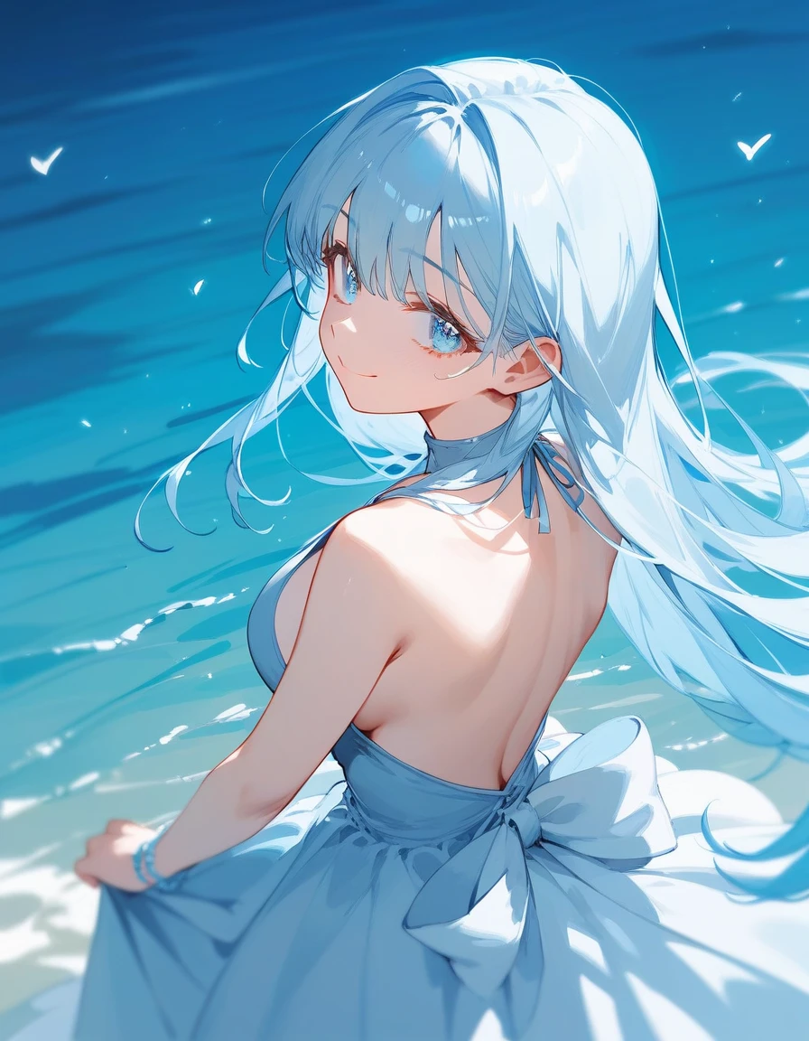 art by dreamy Cornflower (a girl who was petite and had beautiful detailed eyes. The depth of field in the photo was perfect, and the lens flare added a nice touch. The finely detailed features of her face really stood out, and the score for this photo it was definitely bigger than 10. In the background, there was a beautiful ocean with crystal clear water and water droplets on the surface. It was a stunning photo that really captured the beauty of the girl and the water.)