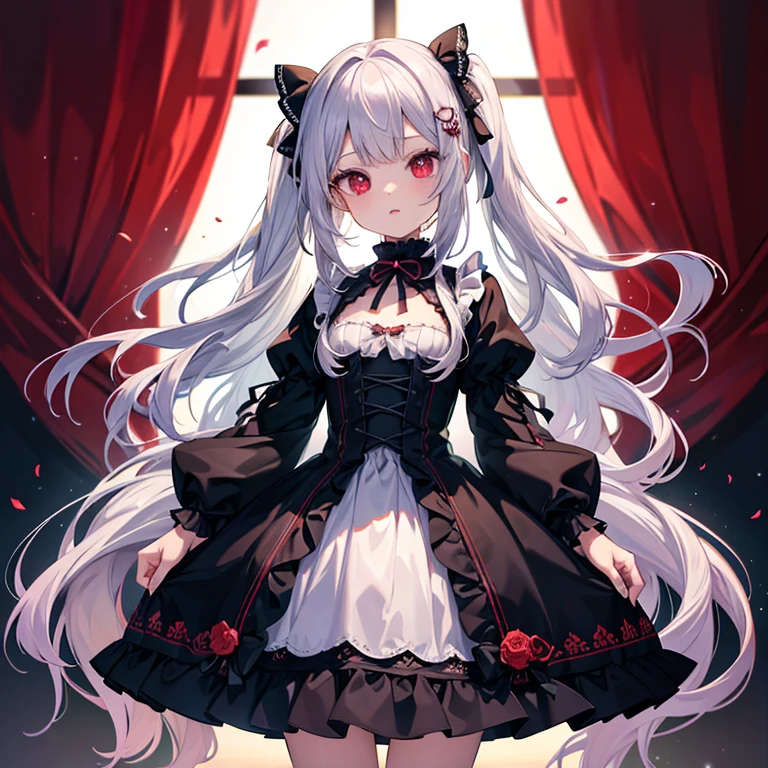 (( top quality )), ((masterpiece)), ( Details), ( super high res)、 cute girl、 very young、solo、
( Silver Hair、 very long straight hair)、 red eyes、Thin chest、Petite、Age 10、
perfect face、Perfect Hair、超 Detailsな瞳、超 Detailsな肌、
( black gothic lolita dress wearing Japanese tech wear )、
whole body、 standing、( cowboy shots 1 and 3)、
Beautiful gardens、 professional lighting、