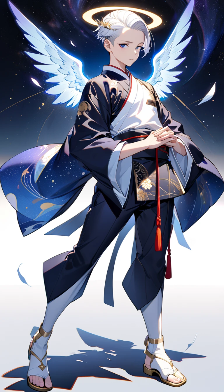 Fresh illustration,
Ultra-fine drawing,
Very delicate illustration,
Very fine details,
One boy,
Full body,
Standing motionless,
Both arms slightly bald,
Height 158cm,
Fair skin,
Right eye is purple,
Left eye is blue,
Odd eyes,
Heterochromie iris,
Beautiful eyes,
Large black pupils,
Cleanly cut hairstyle,
Slicked back hairstyle,
Short hair,
Shiny hair,
Blue roots and white hair elsewhere,
Hair with a gradient,
Cute face,
Pretty face,
A shining angel halo on the back of the head,
Raised eyebrows,
Upper body in kimono,
Upper body in traditional Japanese clothing,
Masculine build,
Six pack,
Very small breasts,
No breasts,
Lower body in Chinese dress,
Black obi,
Overall white clothing,
Gold Tasteful embroidery with thread,
Clothes made of high-quality fabric,
Jock straps,
Thigh straps,
Thigh straps digging into the skin,
White long boots,
Japanese-style toes,
Five fingers on hands and toes,
Thin waist,
Thin legs,
Isometric,
Golden ratio,
Divine atmosphere,
Wearing an indigo-colored stand-up collared inner,
Outer space,
Galaxy,
Countless small stars,
Tactical use of shadows,
Hairbands on head and hair do not extend beyond the frame,
Clothes do not extend beyond the frame,