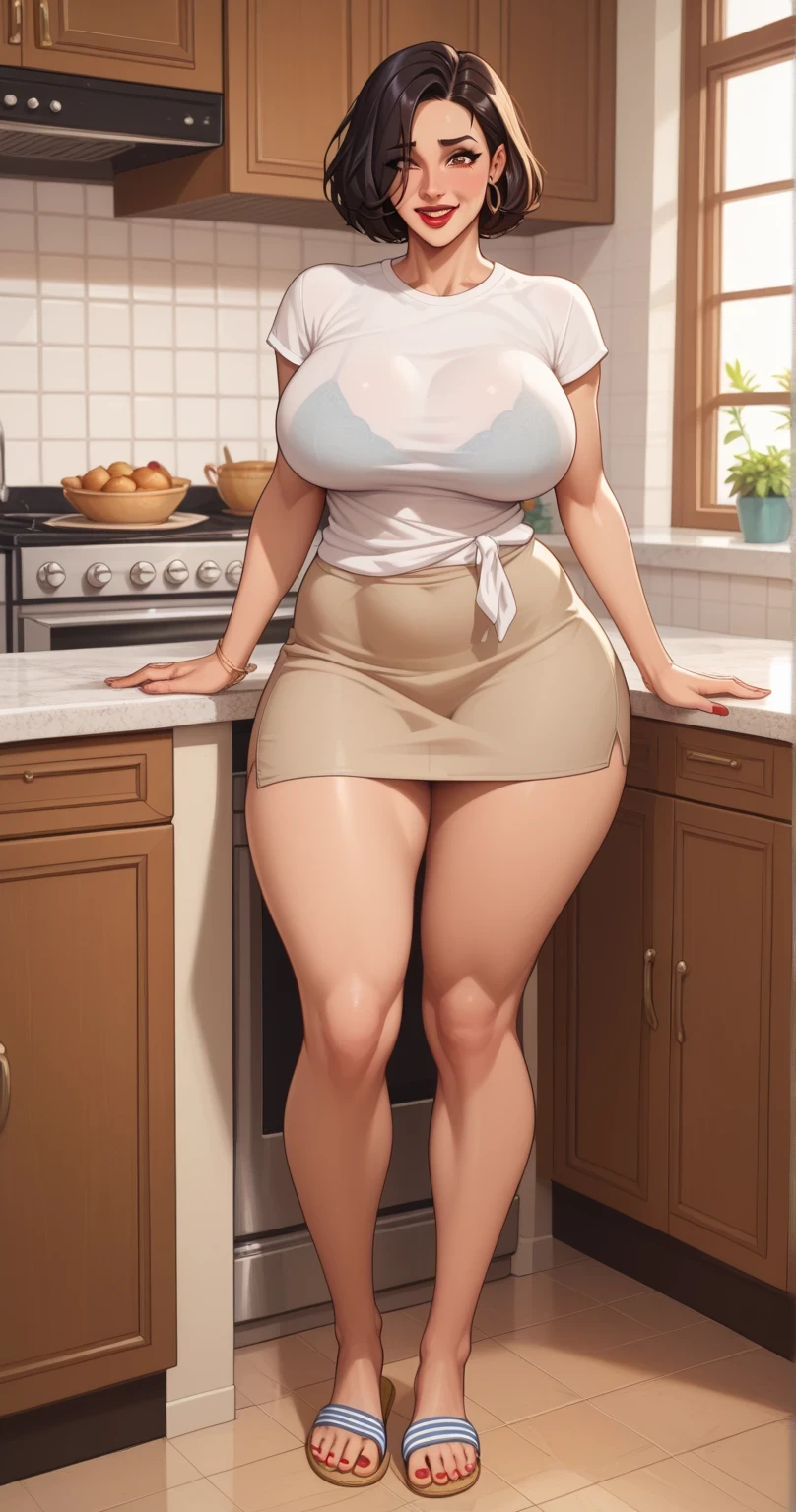 mother, 30 YEARS, Red lips, big thighs, big breasts, He wears a very tight and transparent sleeveless t-shirt., skirt very tight to the body , short hair, chestnut, disheveled, ashamed, excited, Wear flip flops , Is perspiring , In the kitchen, Summer sunset, She doesn't wear panties, don't wear a bra