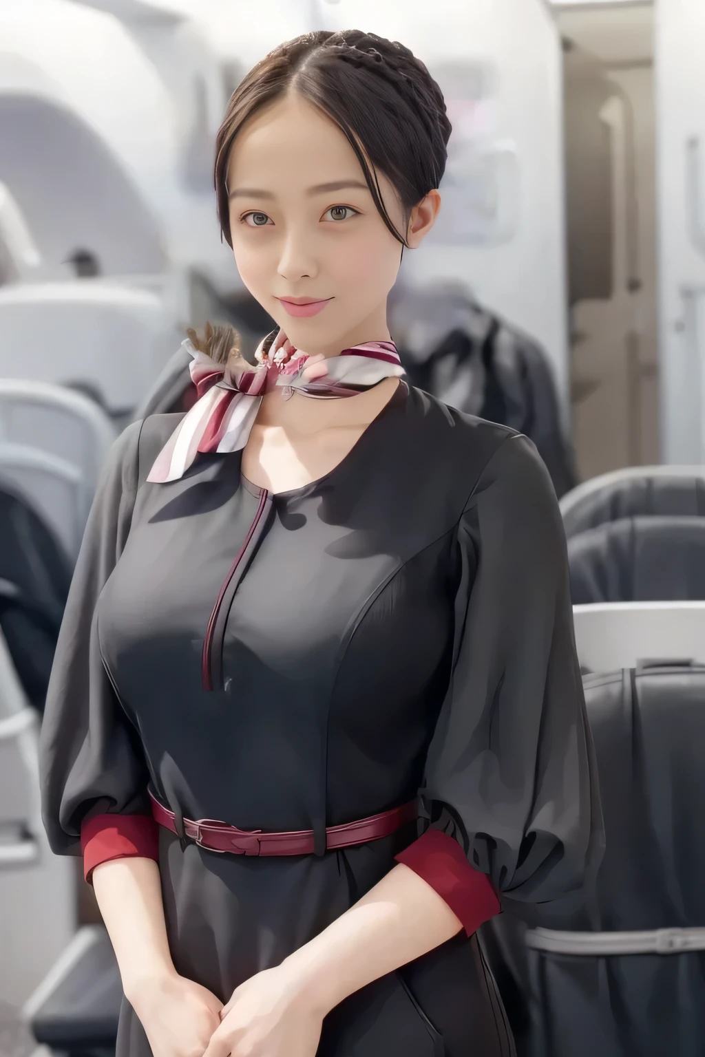 (masterpiece:1.2, top quality :1.2), 32kHDR, high definition , (Alone、 1 girl)、( on board)、In-flight background、( wearing a JAL flightattendant uniform )、(( short sleeve jumper skirt in a JAL flightattendant uniform {x} JAL flightattendant uniform 、Red belt wrapped around the waist 、 Scarf around the neck ))、 dark brown hair 、( Super Long Hair Wrap Hair、Braid Wrap Up Hair )、 、 long hit 、Big Breasts、Thin legs、(( amazing hands:2.0)),(( harmonious body proportions :1.5)),((Normal limbs:2.0)),((Usually :2.0)),(( Delicate eyes:2.0)),((Normal eyes:2.0)))、( beautiful standing figure wearing a JAL flightattendant uniform )、Hands folded under the body 、 being crucified