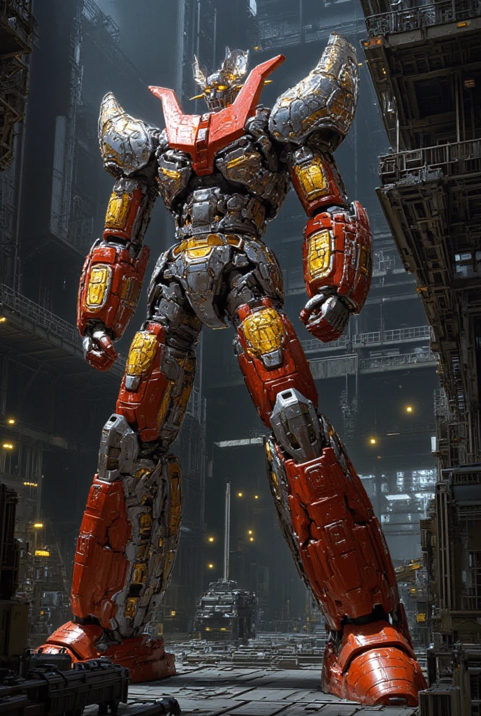 A very realistic giant version of Mazinger Z , Standing in a forward position at a height of 100 meters .  reactor equipment production line constructed with modern materials such as steel ,  Carbon Fiber ,  other industrial elements are also visible ,  just like the real thing ,  where high voltage current flows and emits light have been carefully recreated.  set in a modern industrial environment ,  the appearance of Mazinger Z standing around ,  illuminated by natural light 、 huge structures highlighted with realistic shadows . LED light lighting 