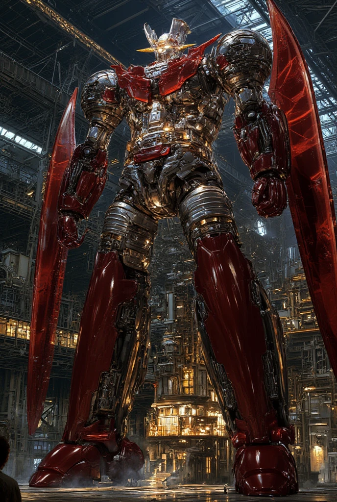 A very realistic giant version of Mazinger Z , Standing in a forward position at a height of 100 meters .  reactor equipment production line constructed with modern materials such as steel ,  Carbon Fiber ,  other industrial elements are also visible ,  just like the real thing ,  where high voltage current flows and emits light have been carefully recreated.  set in a modern industrial environment ,  the appearance of Mazinger Z standing around ,  illuminated by natural light 、 huge structures highlighted with realistic shadows . LED light lighting 