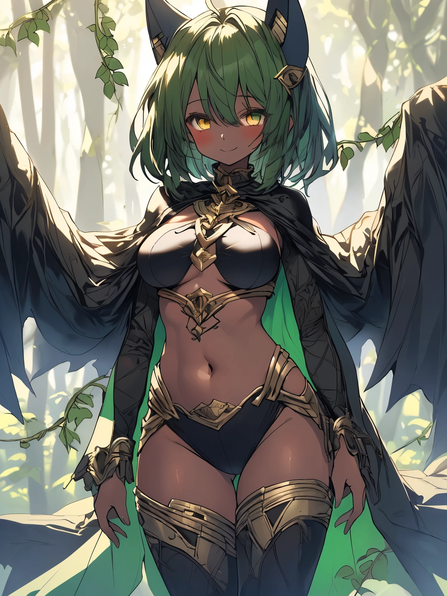 fantasy, 1forest_elemental_girl,(dark_skin:0.9), (using_leaves_clothes:1.1), green_leaves_covered_breasts, leaves_covered_pussy,covered_nipples,(gigantic_heavy_tits:1.1), walking, smile, sleepy, medium_hair, navel oil, (winding_vine_around_torso:1.1), forest_background, leaves_headgear, green_leaves_cape, spread_arms, large_staff, leaves_thighhighs, big_ass,solo,(pelvic_curtain:1.2), tabard,(plump:0.8),cowboyshot